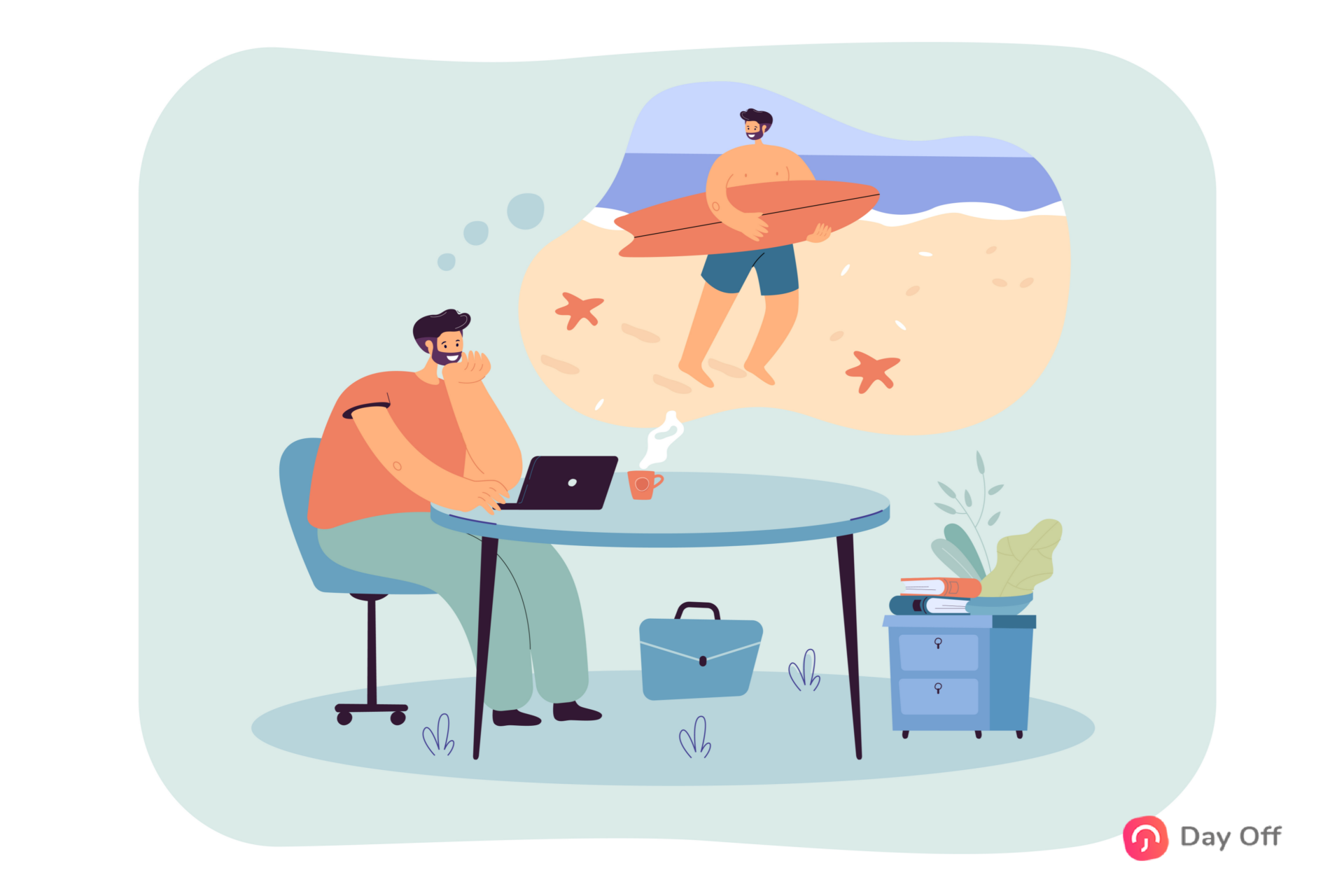 An illustration of an employee sitting at his disk while imagining he is in vacation on the beach