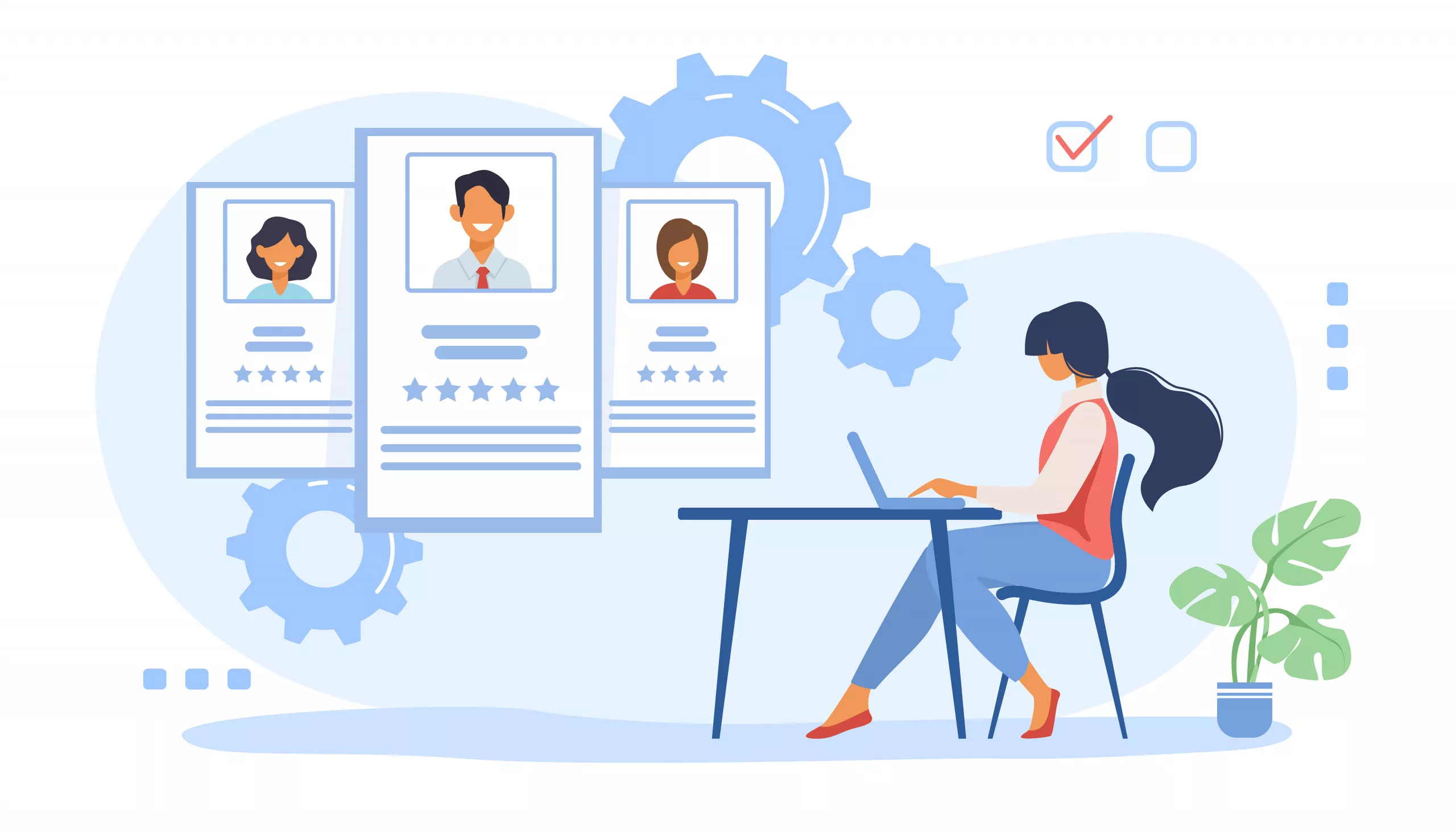 An illustration of three employees CVs and the HR is choosing from them
