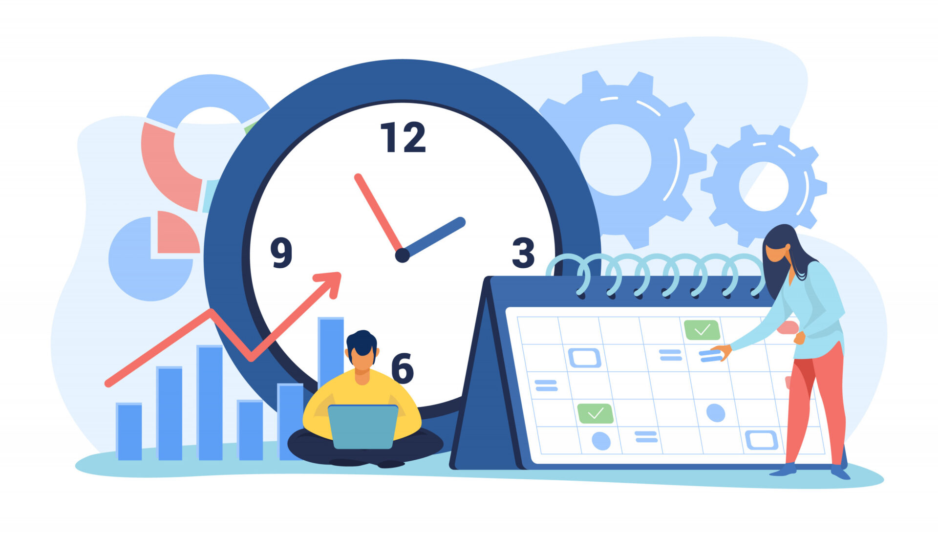 An image of A huge clock and a small calendar near it an employee doing some modifications to the calendar