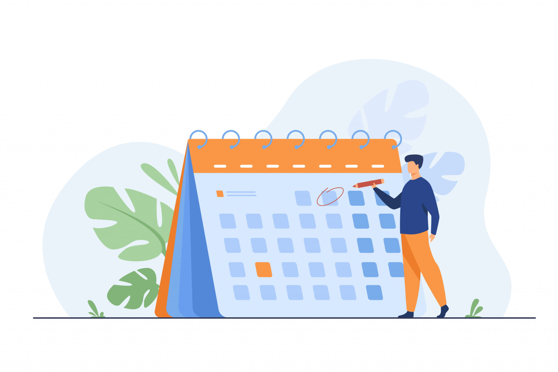 An image of a huge paper calendar and one employee is sitting in front of it holding a pen