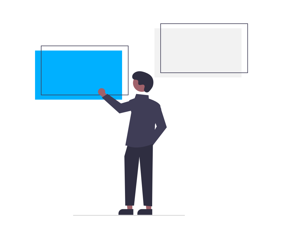 An employee standing in front of two huge shapes that looks like a chat box