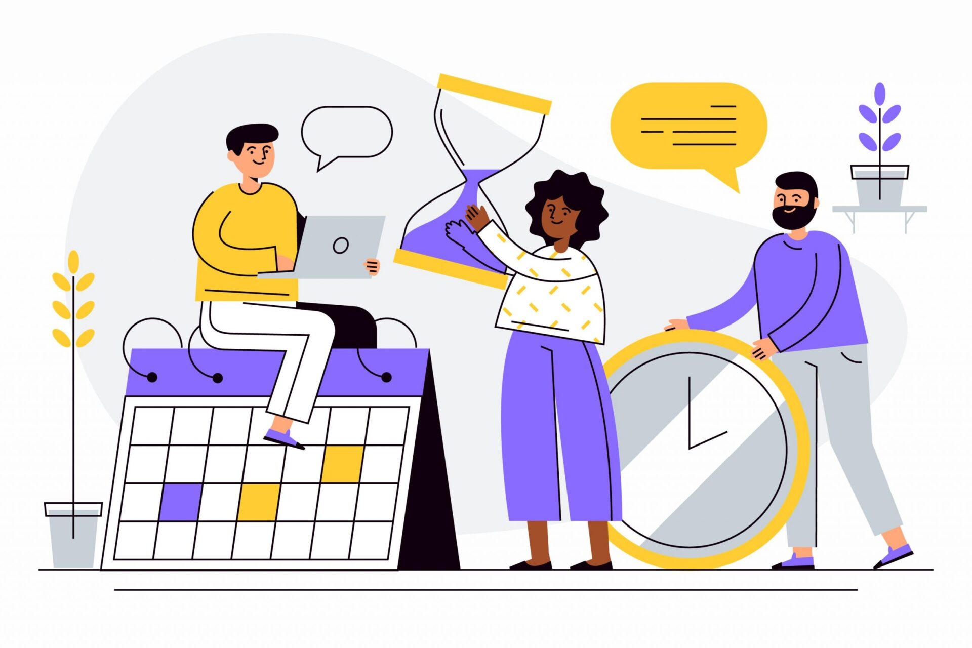 An image of a huge employee and time clock and three employees around these icons