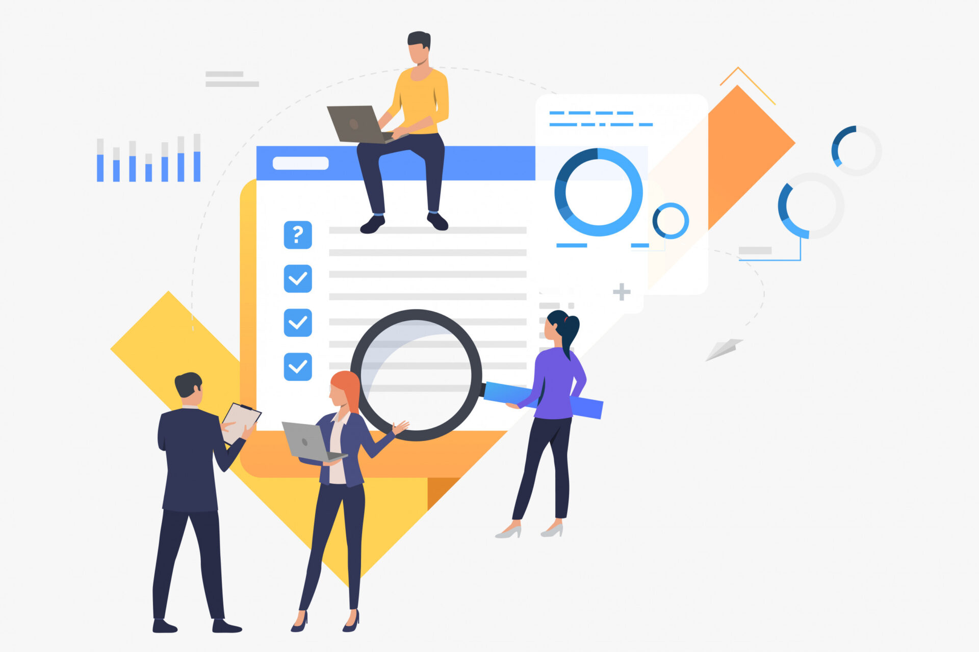 An image of a huge list and an employee pointing a huge lens to it Wit other employees all around it to see the information