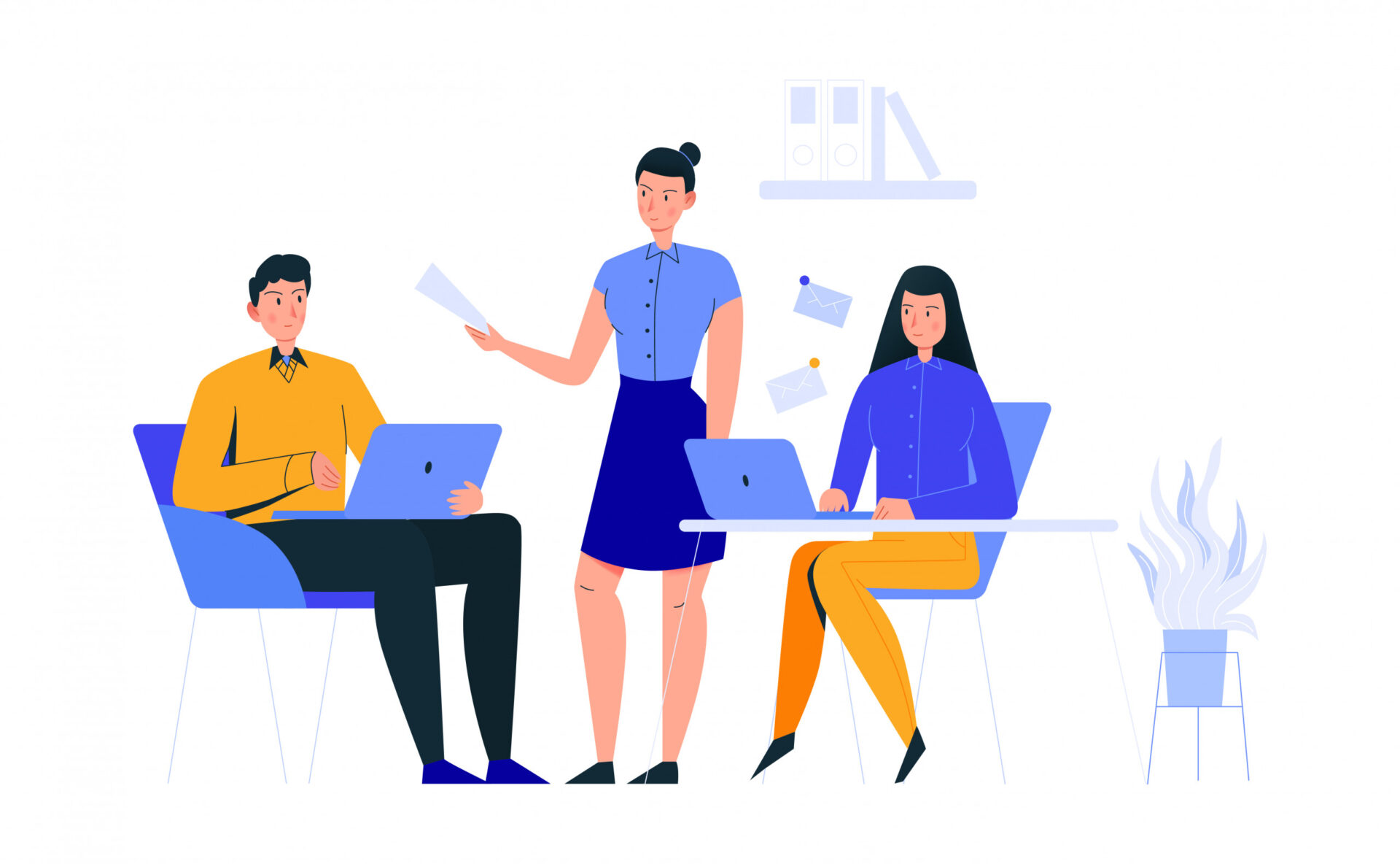 An image of an HR standing between 2 employees