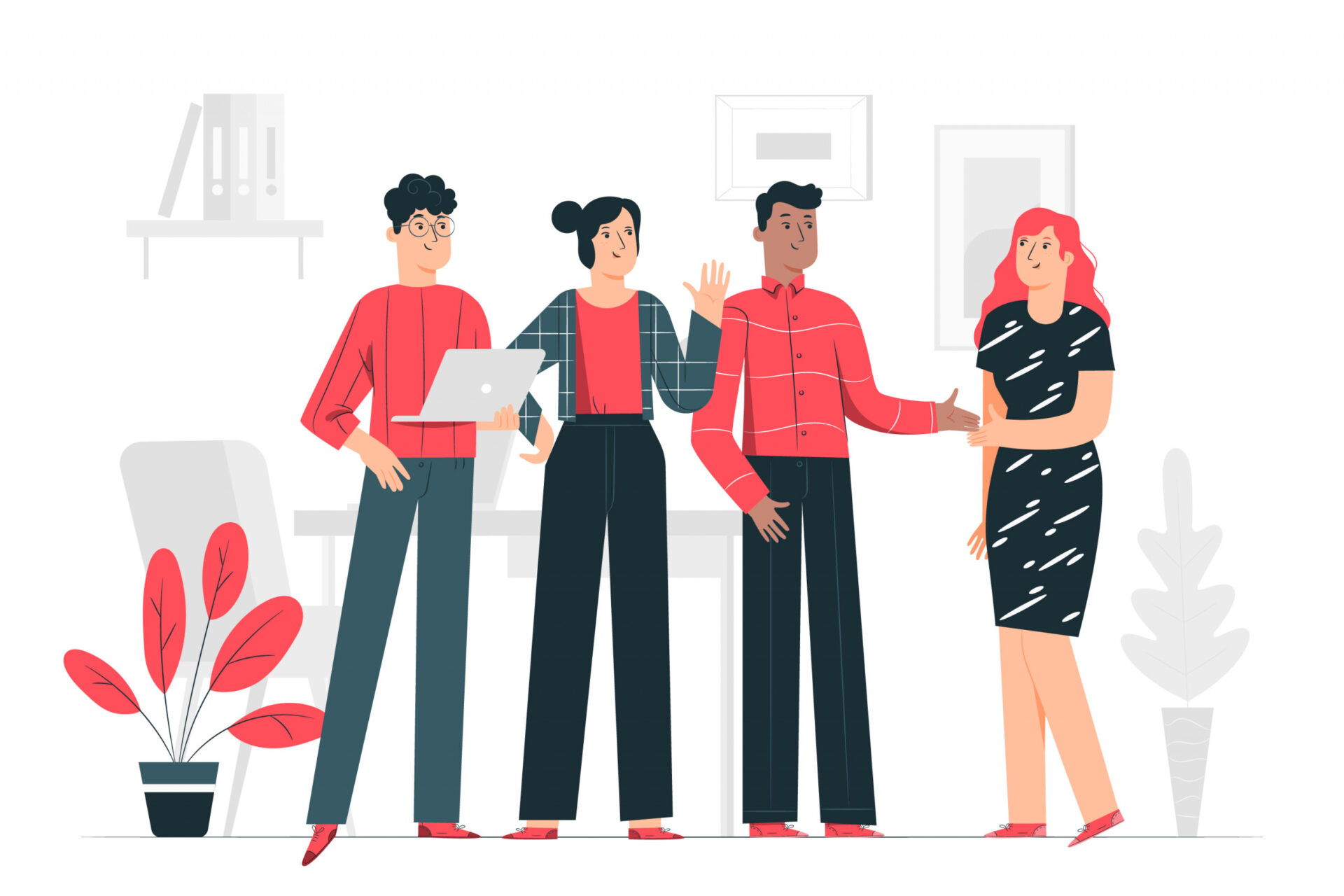 An image of four employees discussing something in the office