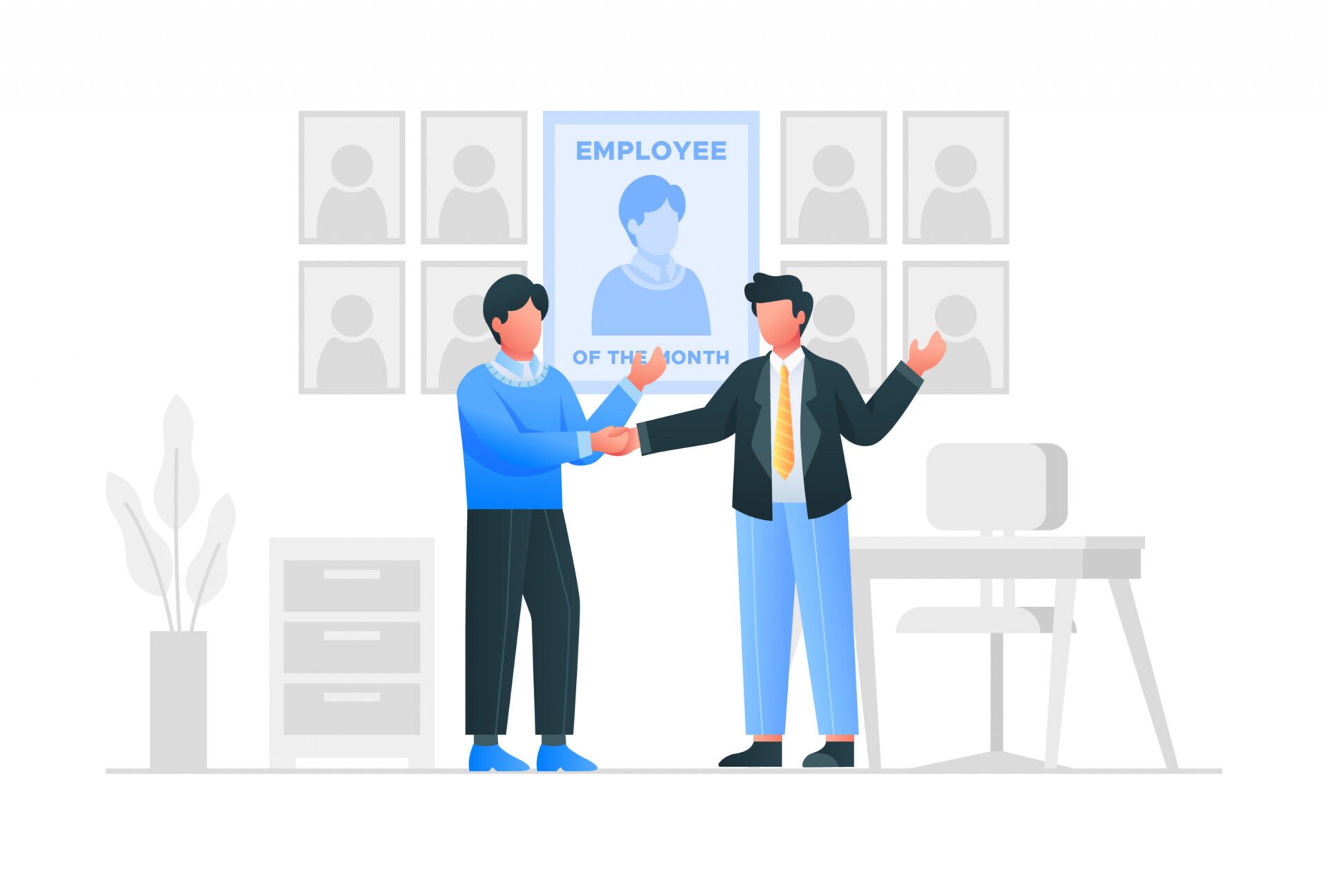 An illustration of two employees shaking hands