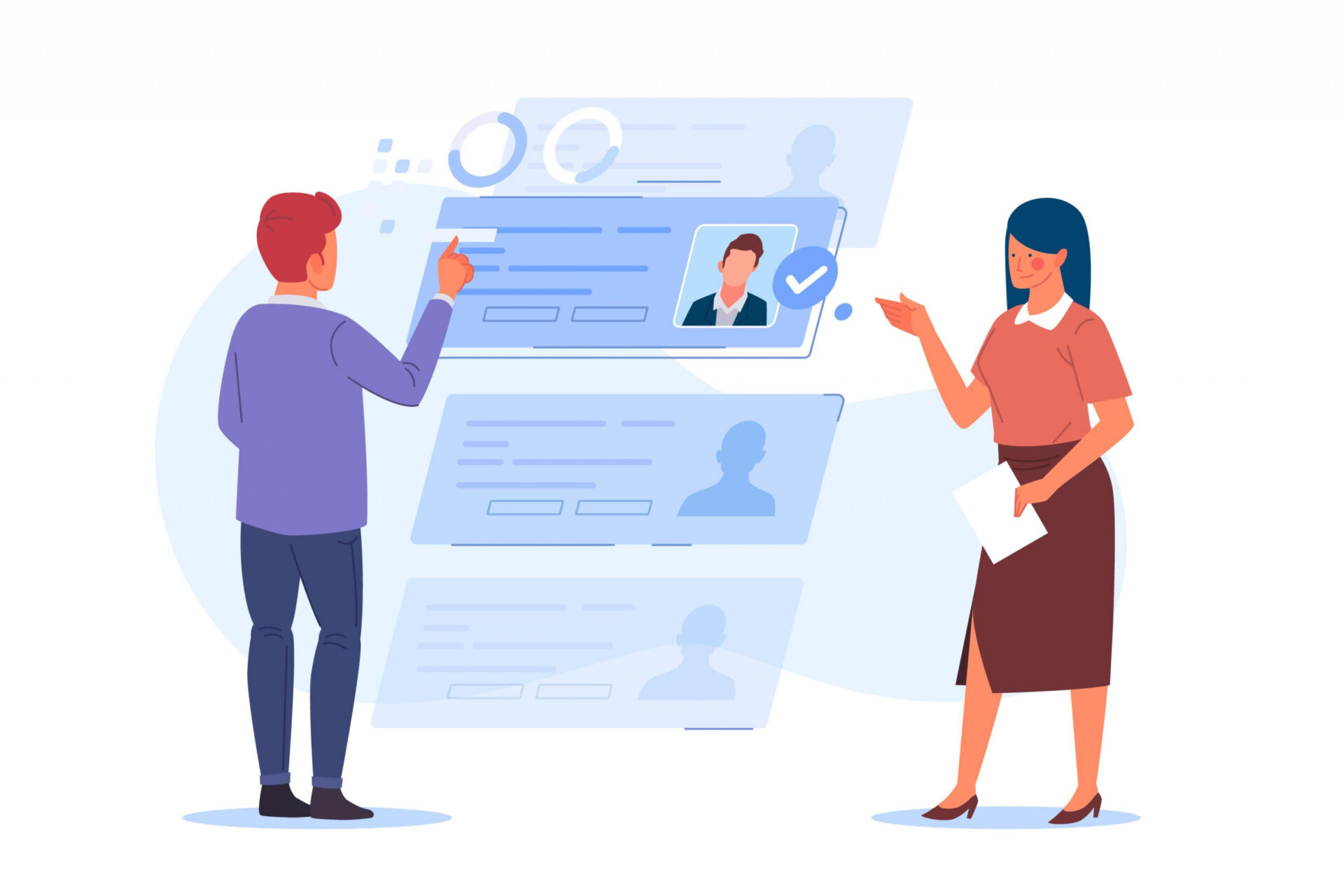 An image of two employees selecting between different CVs