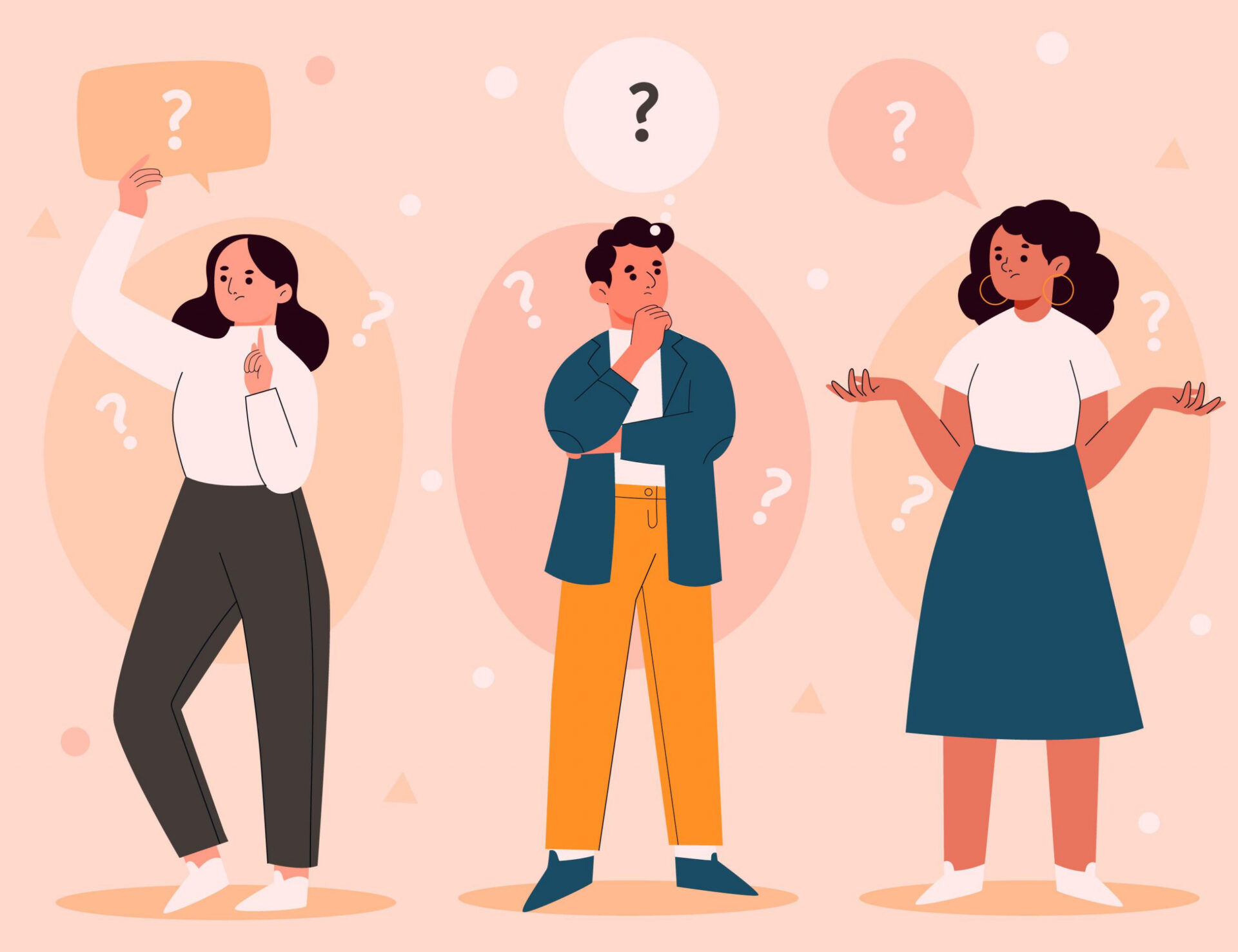 An image of three employee in pinky background and they seem confused or having some questions