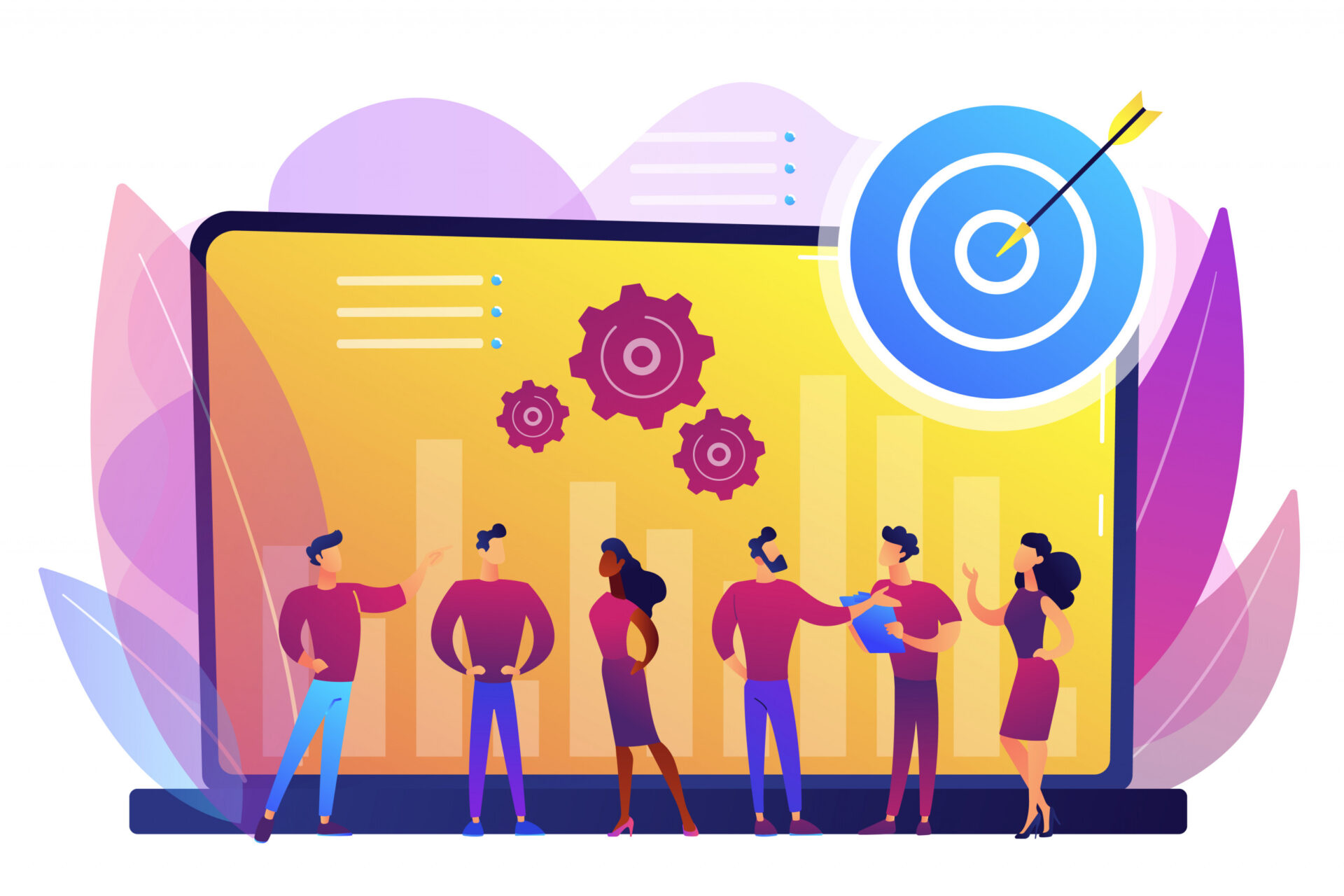 An image of a huge screen and six tiny employees standing in front of it