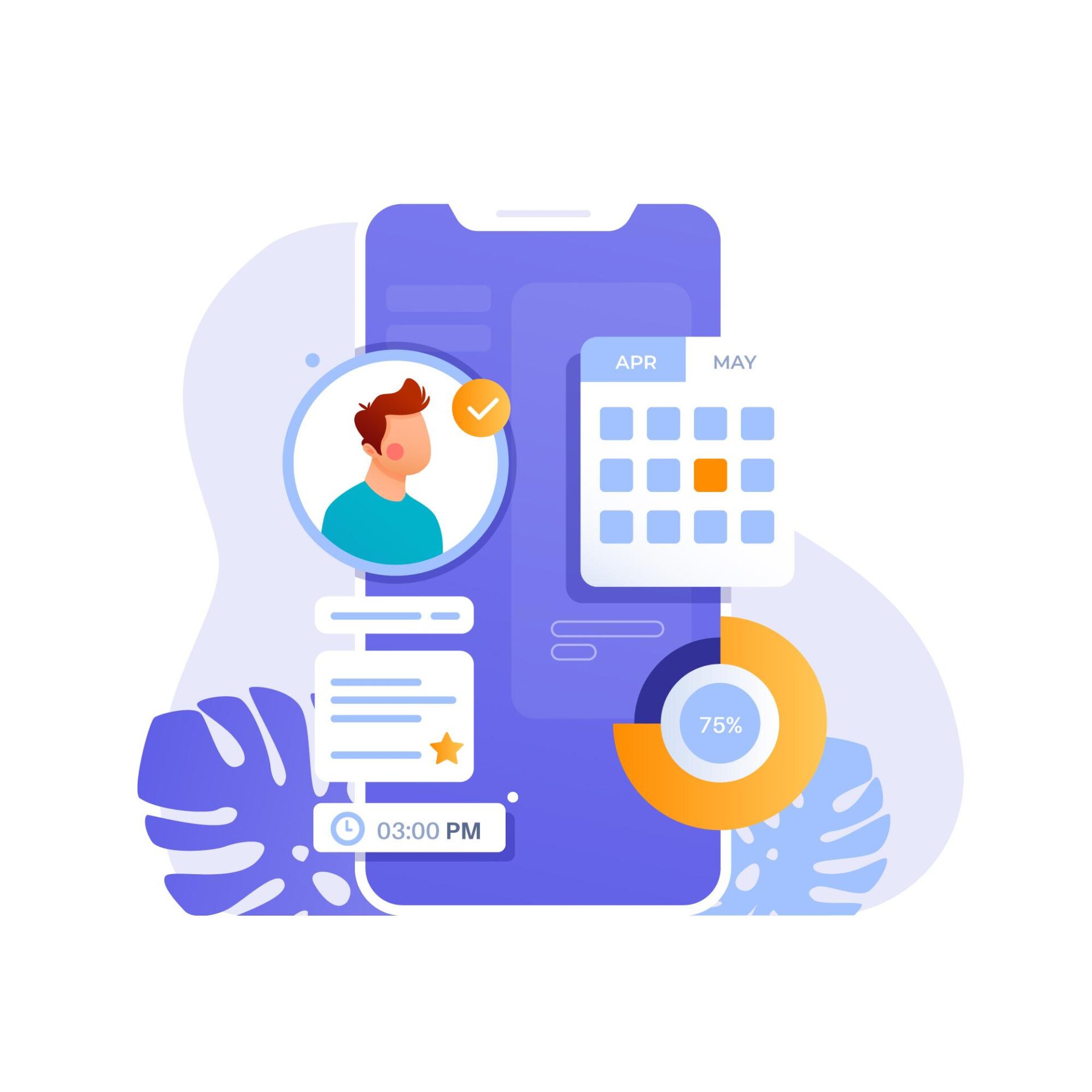 An image of a phone screen with some icons popping out of it as an employee picture and a calendar