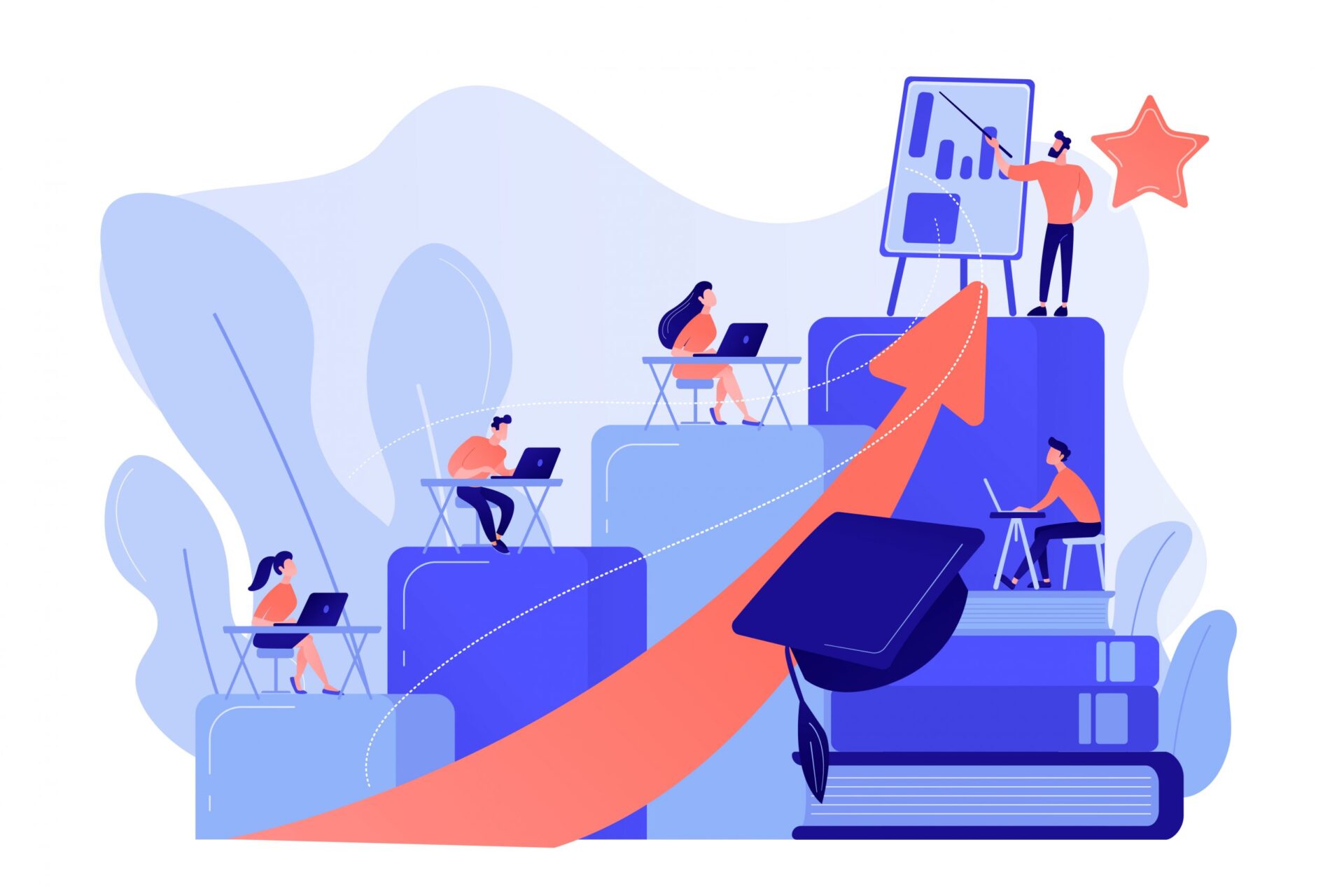A vibrant illustration depicting a team of individuals working towards a common goal. Various characters are seated at desks with laptops, positioned on different levels of stacked blocks and books, symbolizing progress and learning. A large red arrow curves upwards, leading to a person standing on a higher block