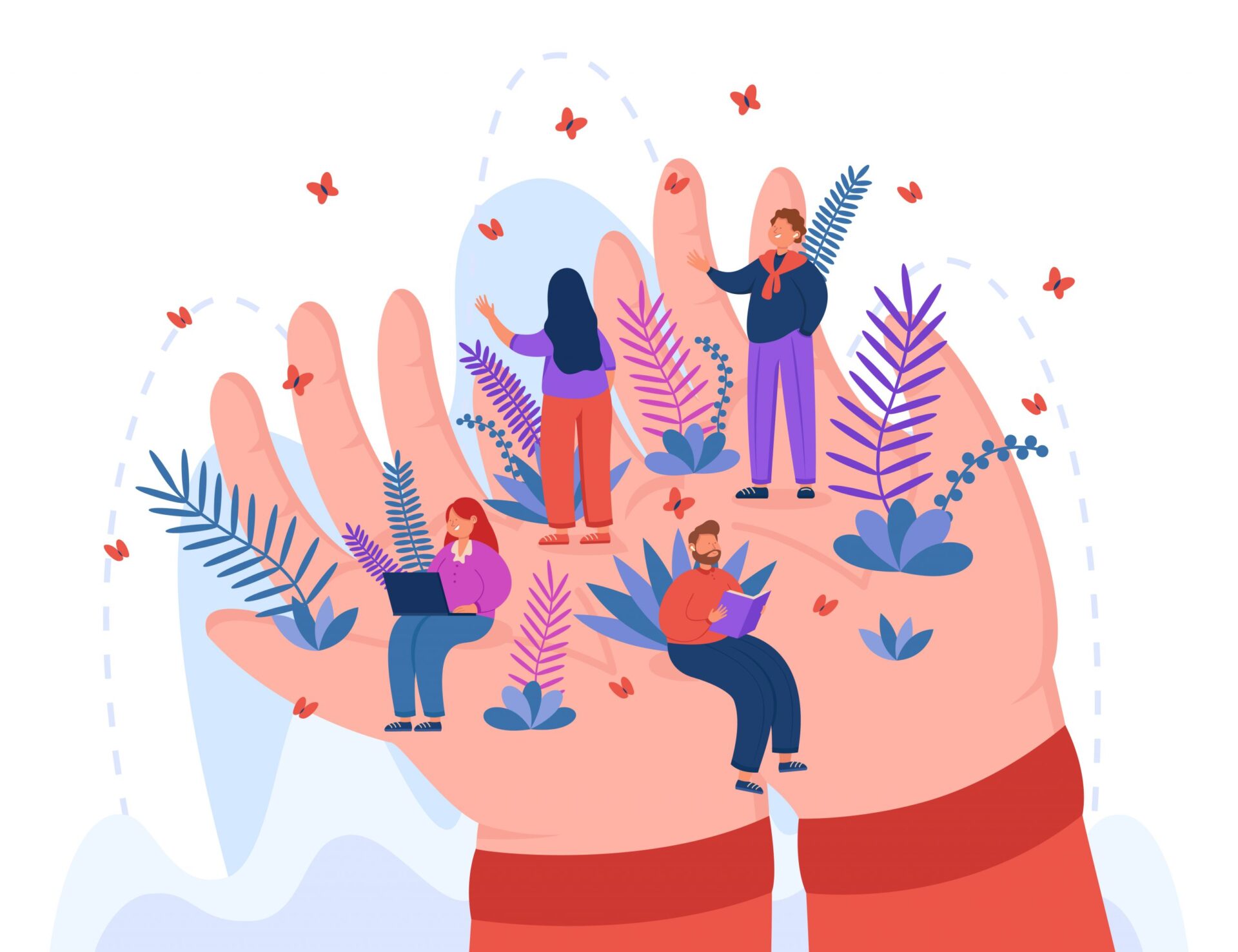 An image for tiny employees sitting, standing, and holding their laptop on huge hands.