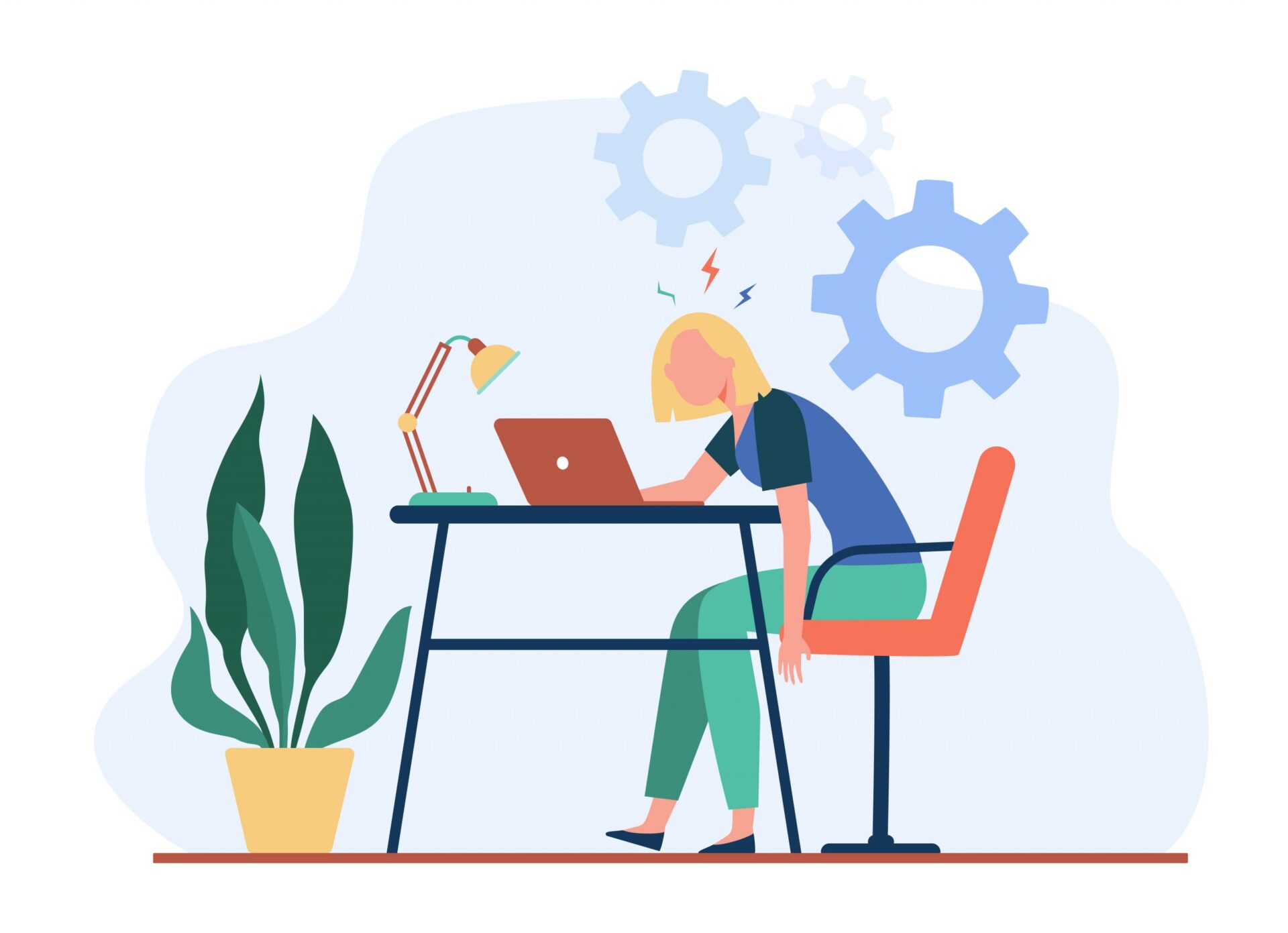 An illustration of a stressed and exhausted person sitting at a desk with their head down on a laptop. The person appears overwhelmed, with red zigzag lines above their head indicating stress or frustration.
