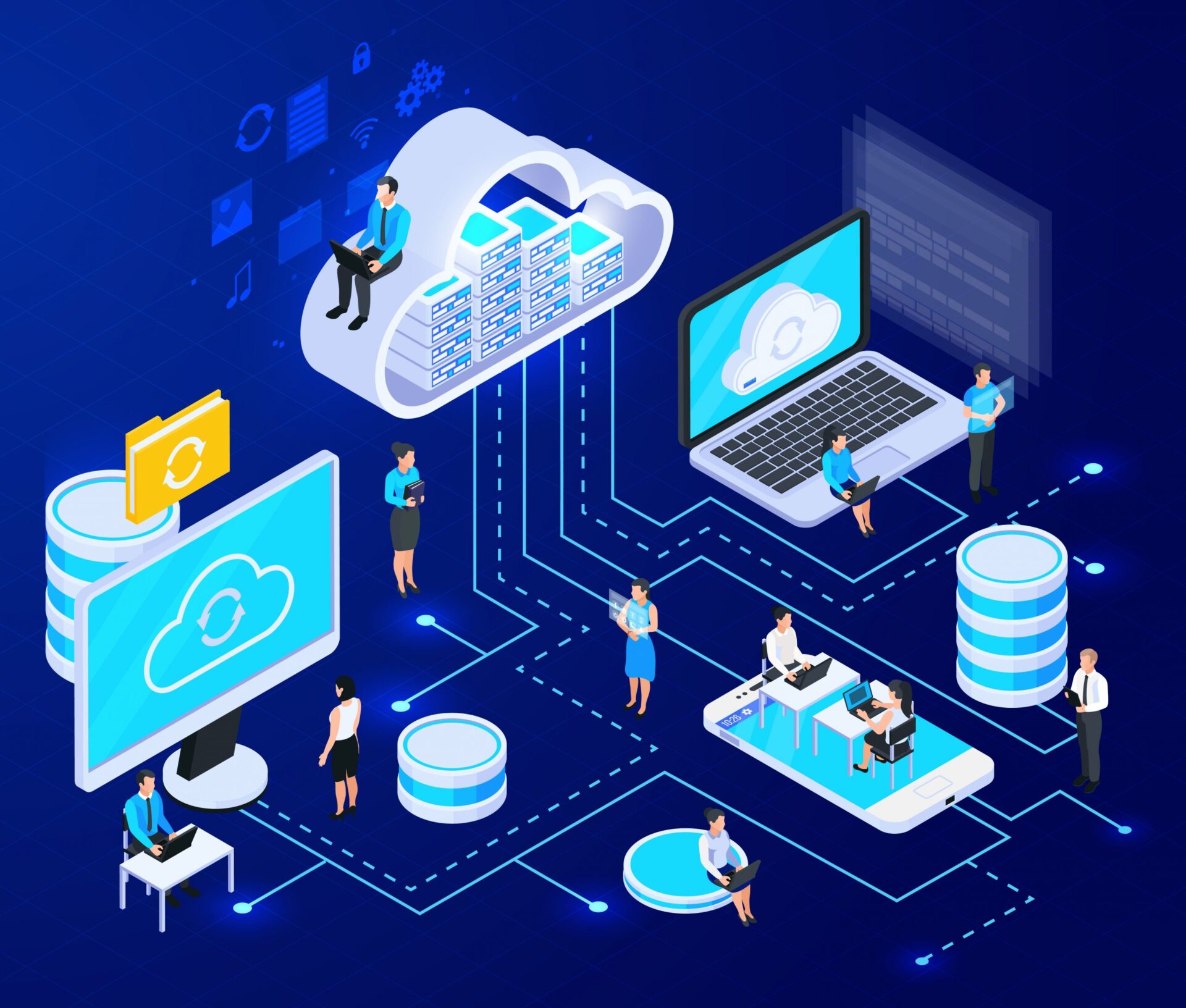 A detailed illustration showcasing cloud computing and data management in a digital workspace. Various professionals are engaged with different technological devices, such as laptops, desktop computers, and servers, all interconnected through a network of data streams.
