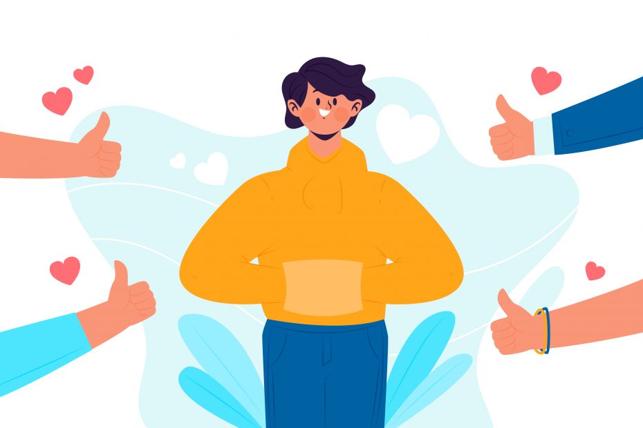 An image for an employee standing in the center of 4 Thums up signal.