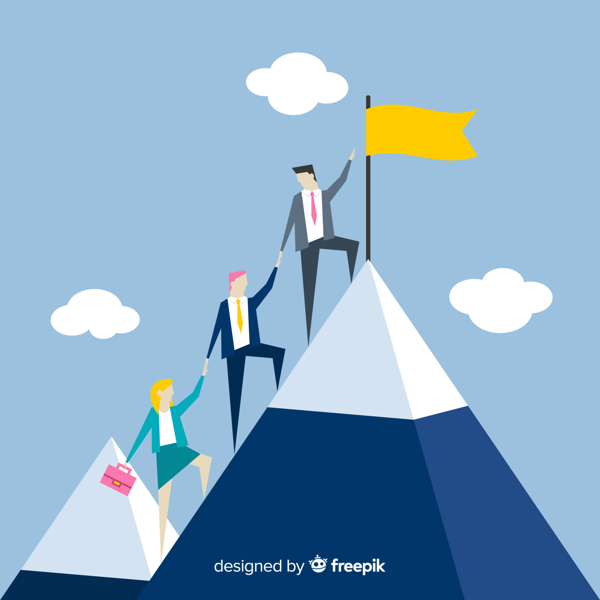 An illustration of three business professionals climbing to the peak of a mountain, symbolizing achievement and teamwork. The leading person has planted a yellow flag at the summit, representing success.