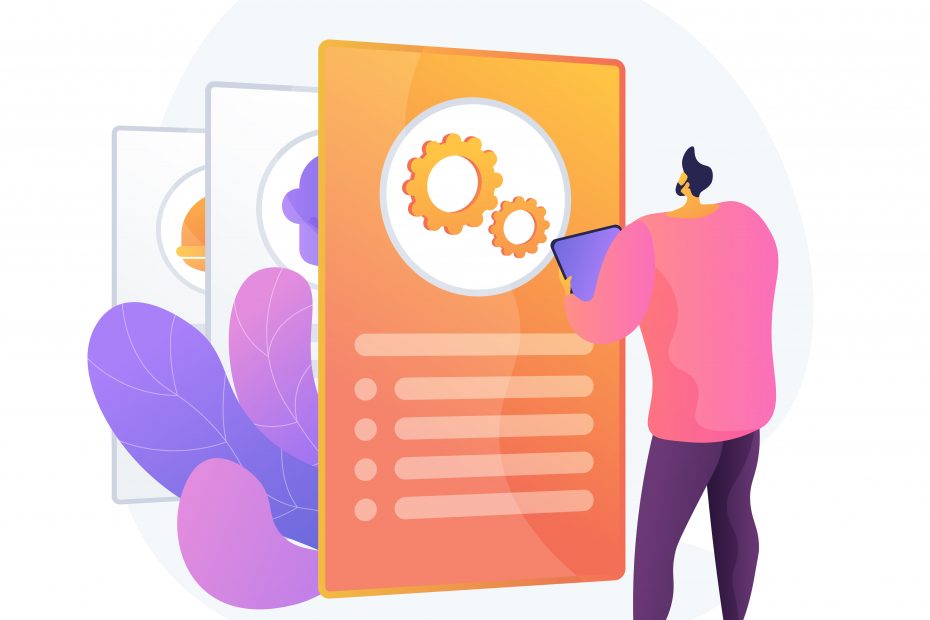 A stylized illustration of a person interacting with large digital screens or panels. The person, holding a tablet, appears to be selecting or working on a screen featuring gear icons, symbolizing settings or configuration.