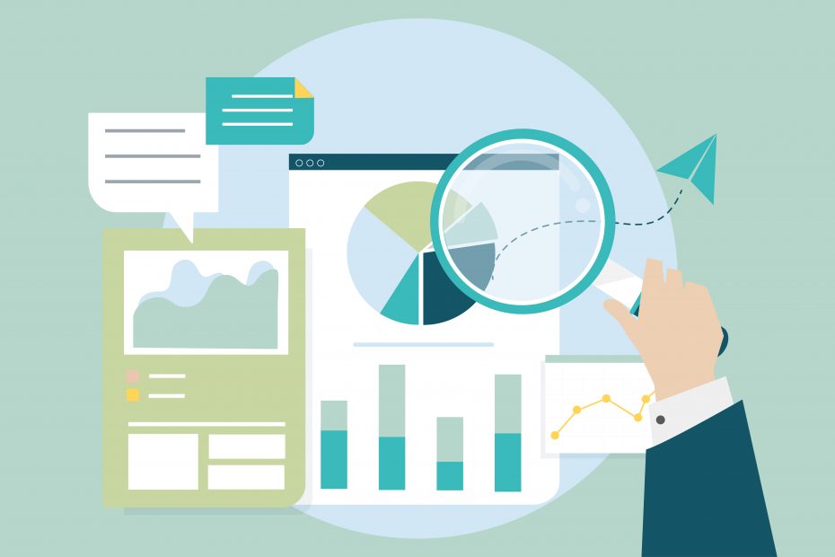 An illustration depicting data analysis and research. A hand holding a magnifying glass is examining various charts and graphs, including pie charts, bar graphs, and line charts.