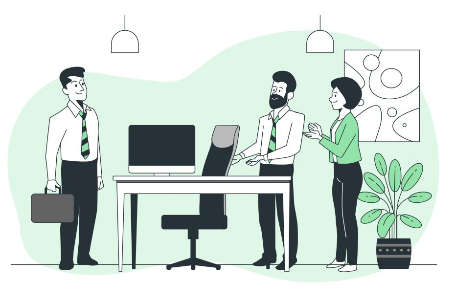 illustration of three office workers in a modern workspace. One man is standing with a briefcase, while the other man and a woman are engaged in a conversation near a desk with a computer