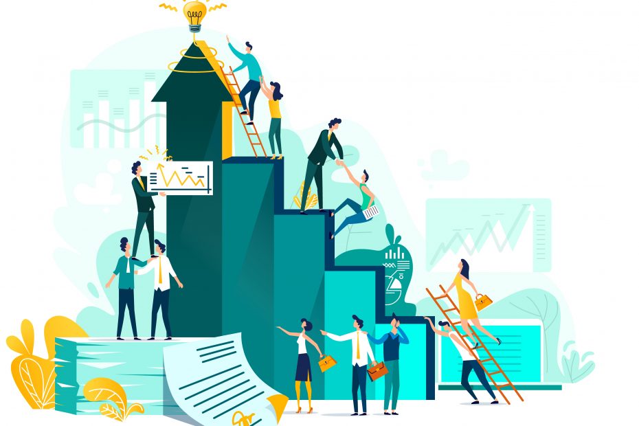 Goal achievement and teamwork business concept, career growth and cooperation for development of project, idea vector flat cartoon illustration. Ladder of success and climbing people, company staff