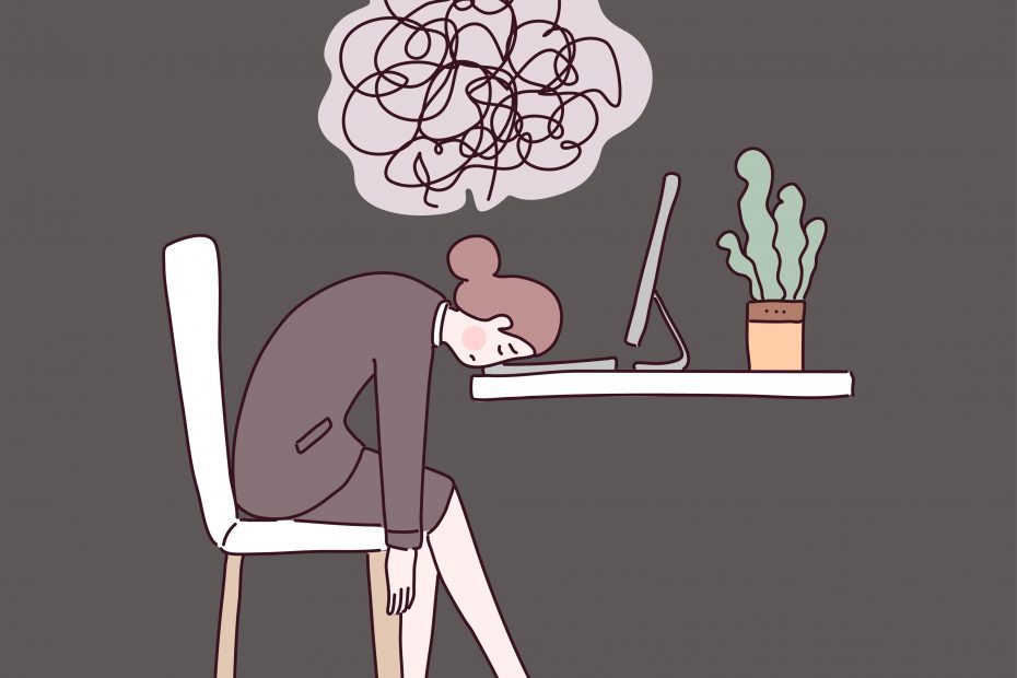 An illustration of a woman sitting at a desk with her head resting on the surface in front of a computer, looking exhausted. A thought bubble above her head contains a tangled, chaotic scribble, symbolizing stress or mental overwhelm.
