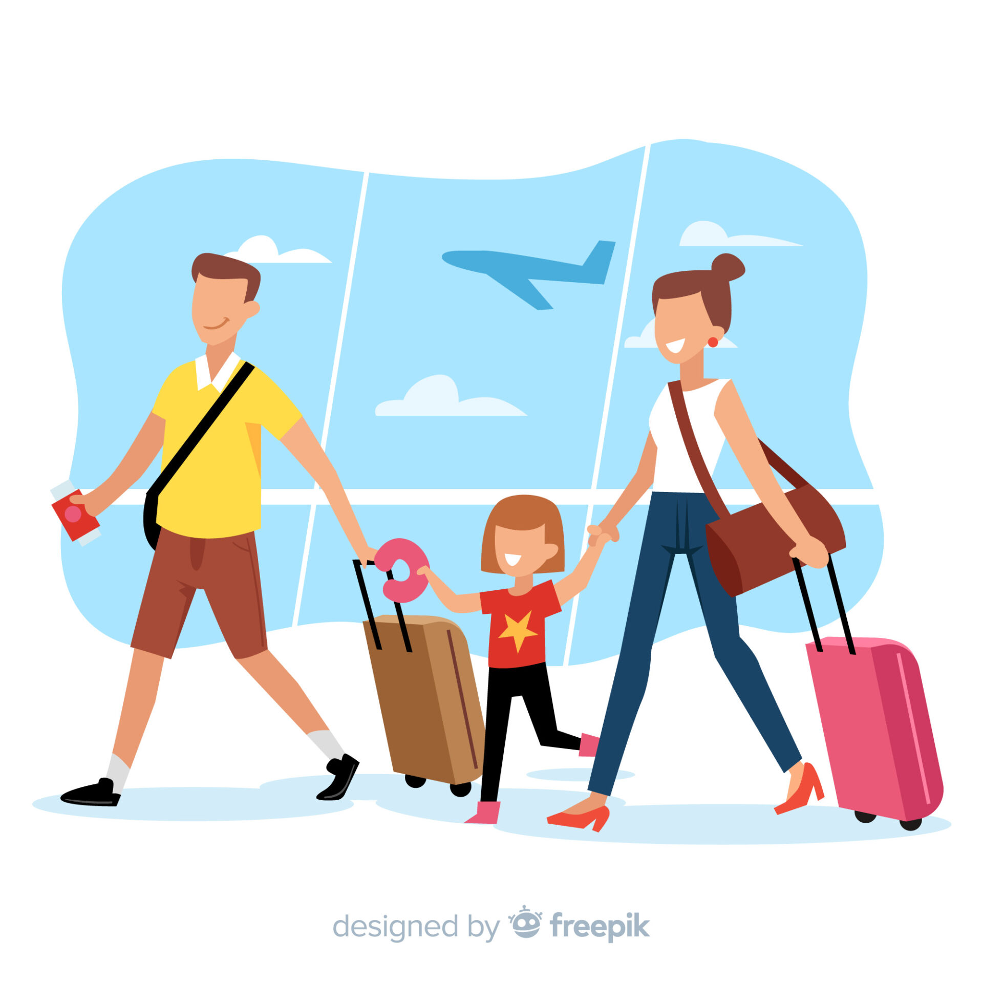 An image of parent with their child in the airport going to a vacation