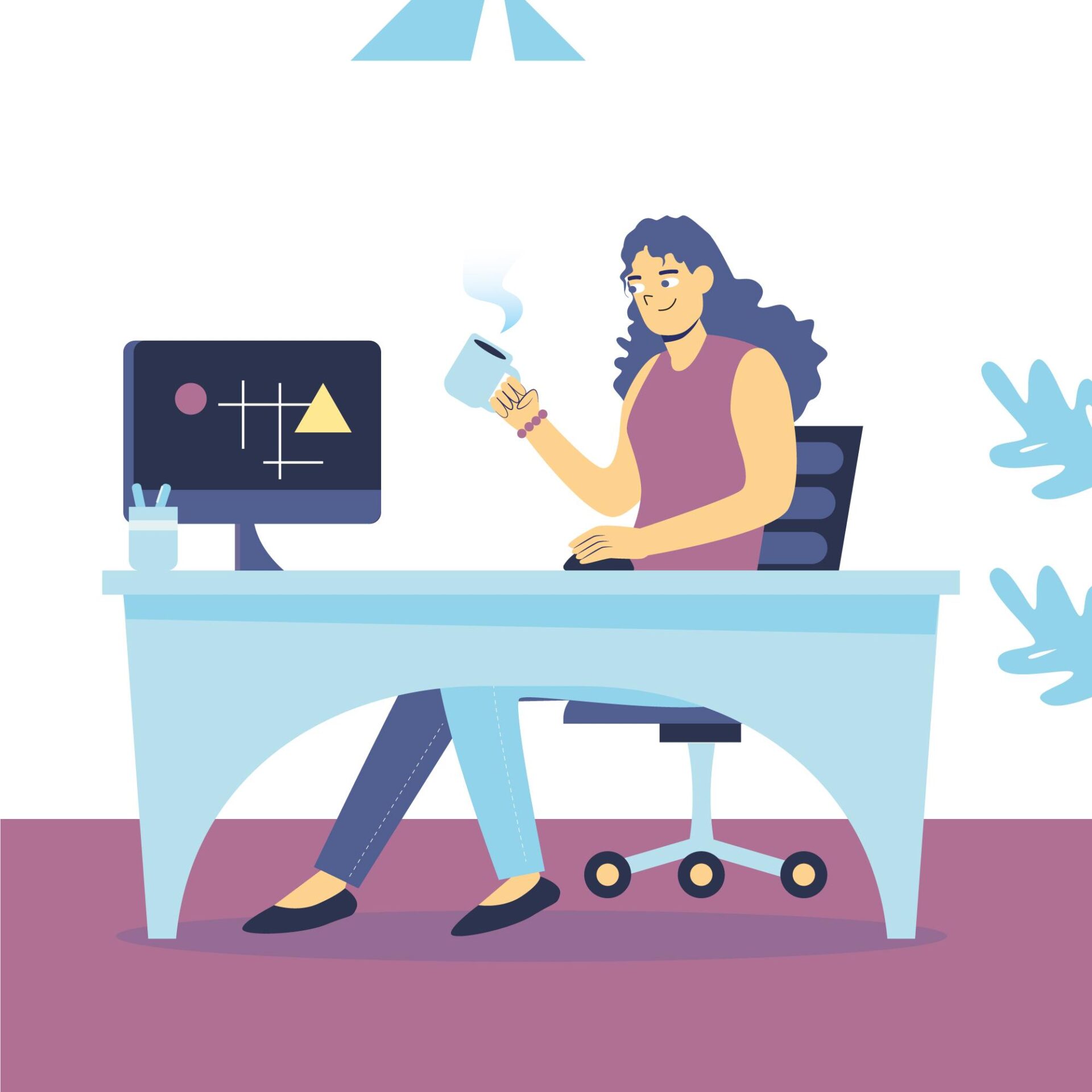 A stylized illustration of a woman sitting at a desk, holding a steaming cup of coffee in one hand while working on a computer with the other. She has long hair and is dressed casually. The desk has a computer monitor displaying simple geometric shapes, and a pencil holder with pens. The background includes abstract plants and a clean, bright color palette with shades of blue, purple, and white, creating a cheerful and relaxed office environment.