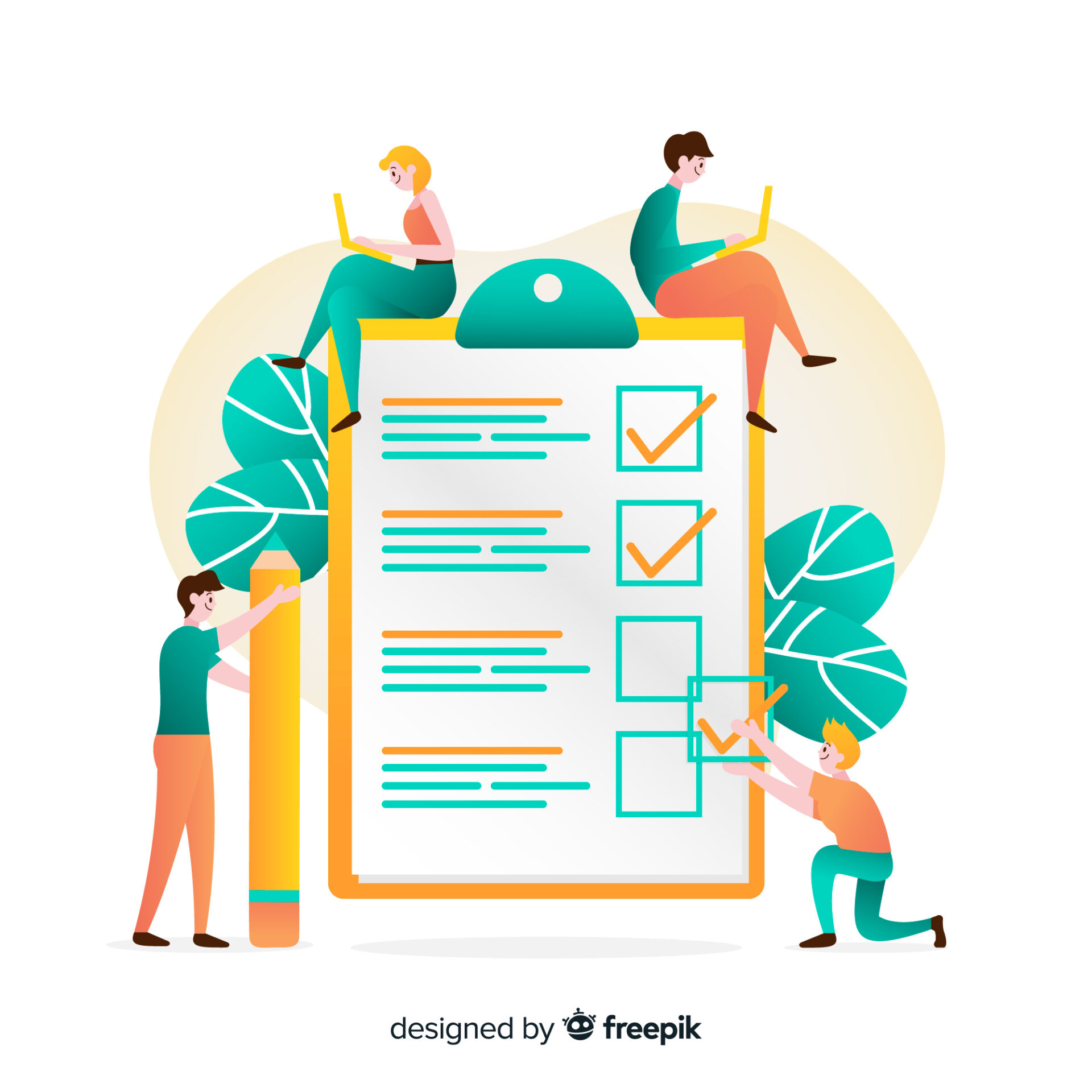 An illustration showing a large clipboard with a checklist, surrounded by small figures engaging with it. Two people sit on top of the clipboard, working on laptops. One person on the left stands next to a giant pencil, while another on the right marks off items on the checklist.