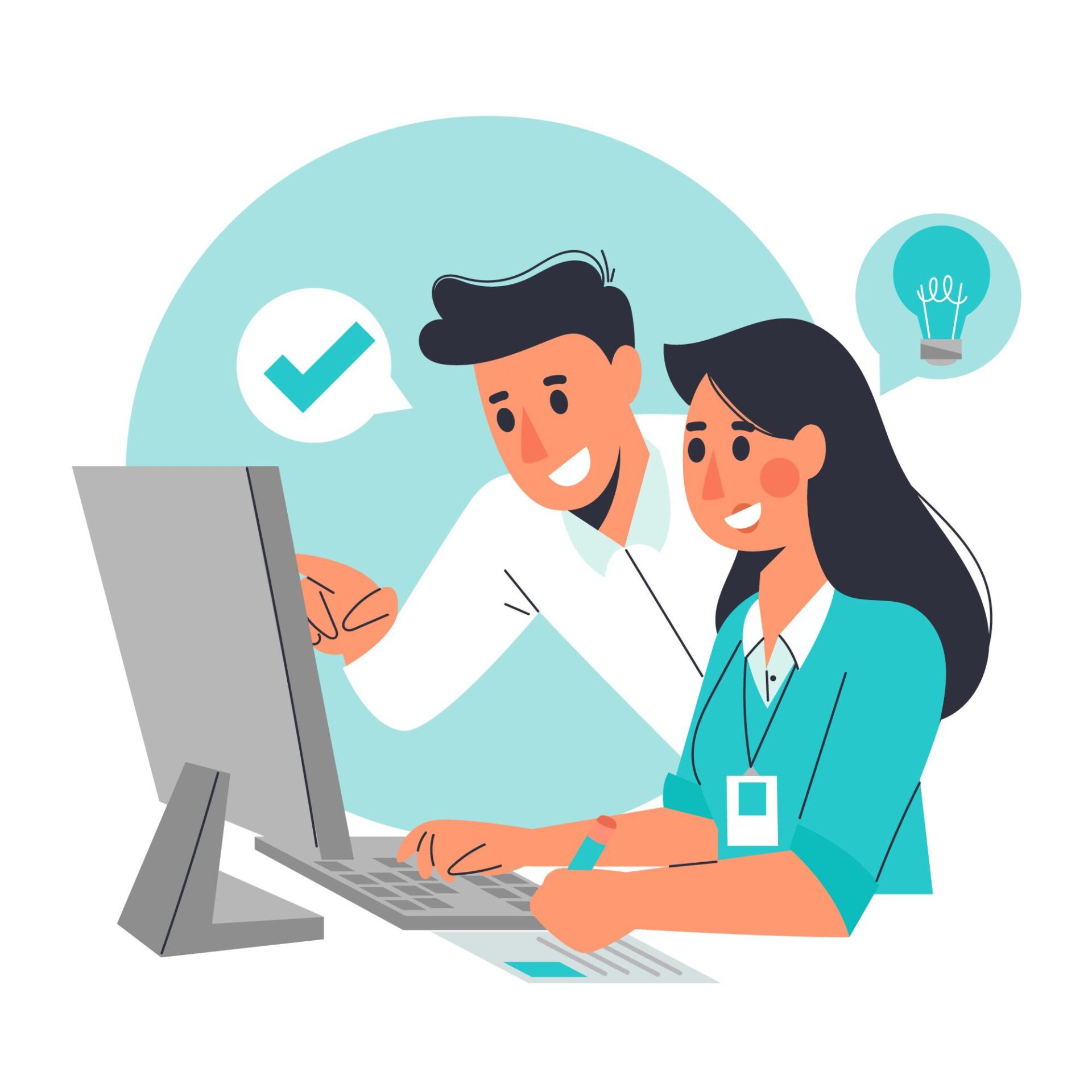 An illustration of two colleagues working together at a computer. A man is pointing at the screen while a woman types on the keyboard, both smiling and appearing engaged