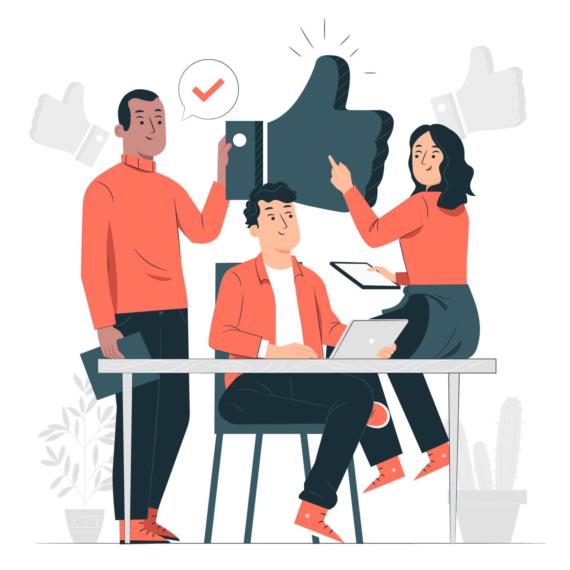 An illustration of three colleagues collaborating in an office. One person is seated at a desk working on a laptop, while another stands beside them holding a clipboard with a check mark speech bubble.