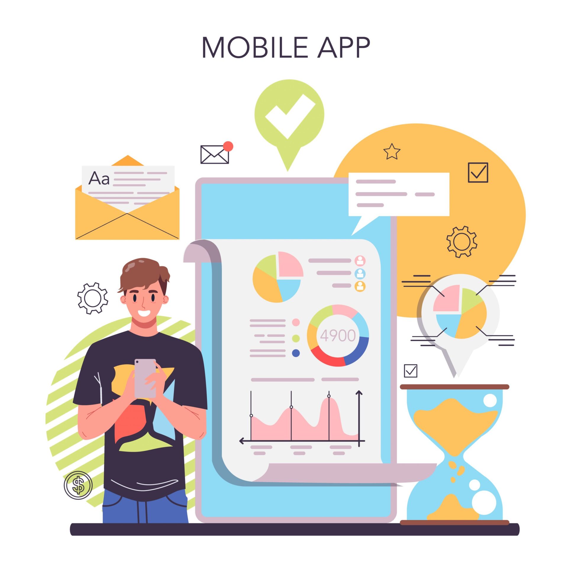 An illustration of a man holding a smartphone with a large, scrollable mobile app interface displayed in the background. The interface features various charts, graphs, and data visualizations.