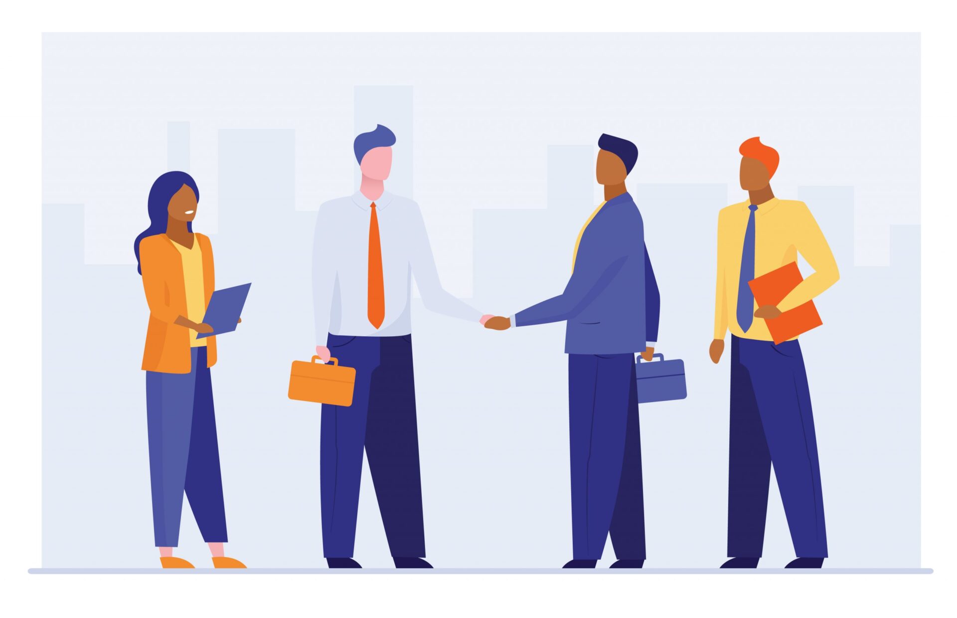 An image of four employees two of them are shaking hands