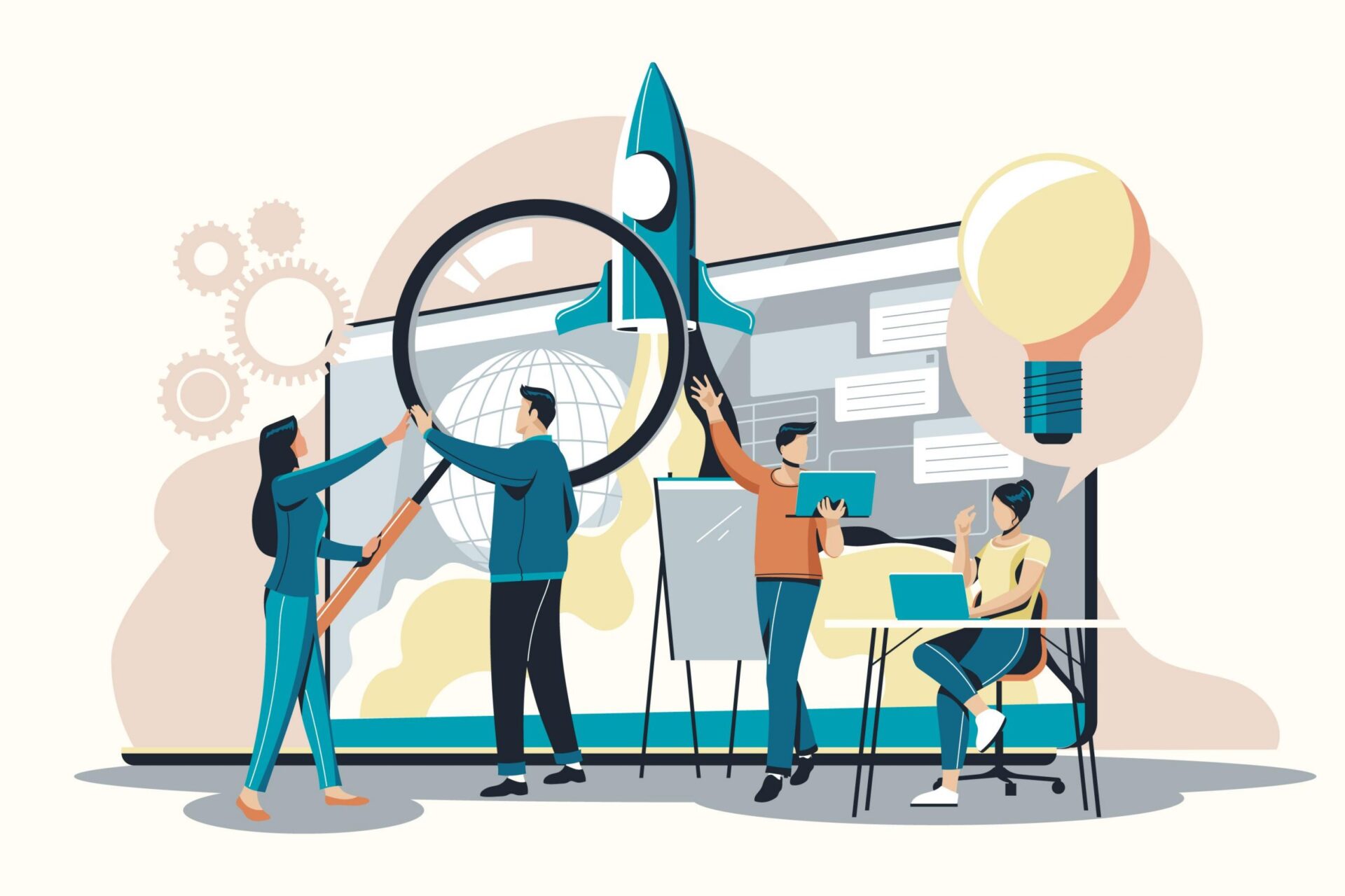 An illustration of a team working on a project involving innovation and technology. Four people are engaged in various activities: one person is holding a large magnifying glass, another is adjusting a rocket model, the third person is writing on a whiteboard, and the fourth is sitting at a desk with a laptop.