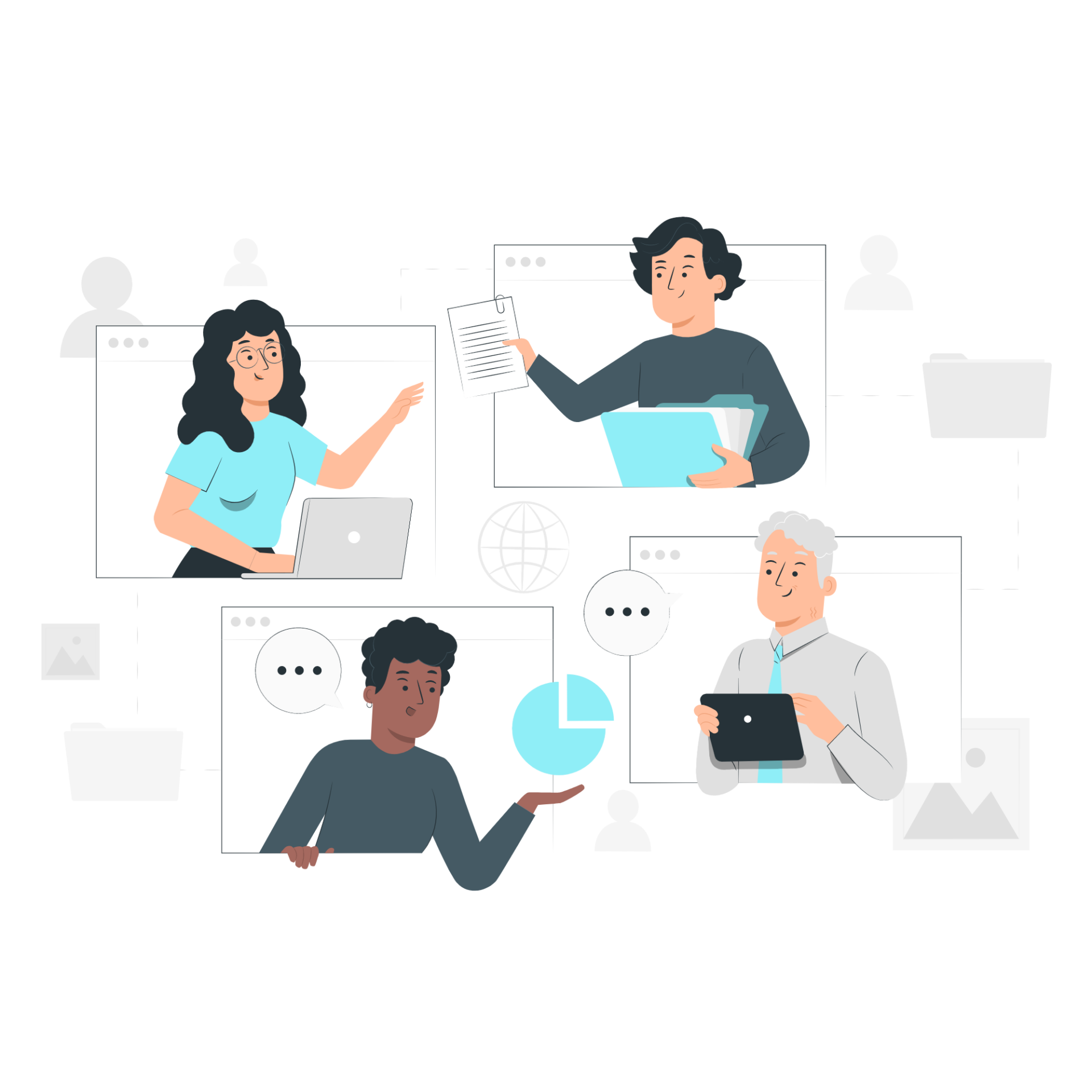 An illustration of four employees doing an online video meeting