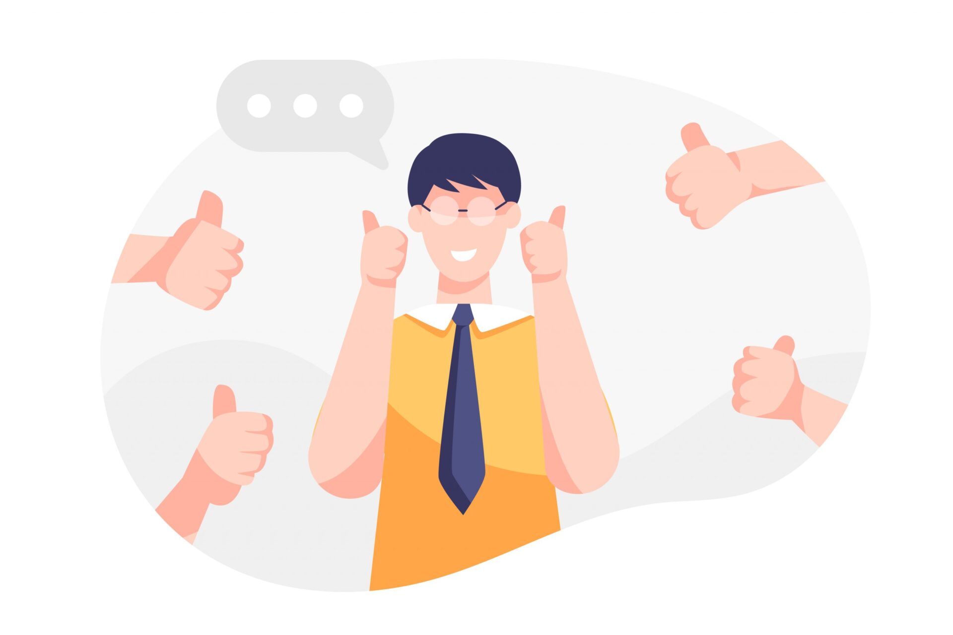 An image of an employee standing at the center doing two thums up, also surrounded by four thumbs-up symbols.
