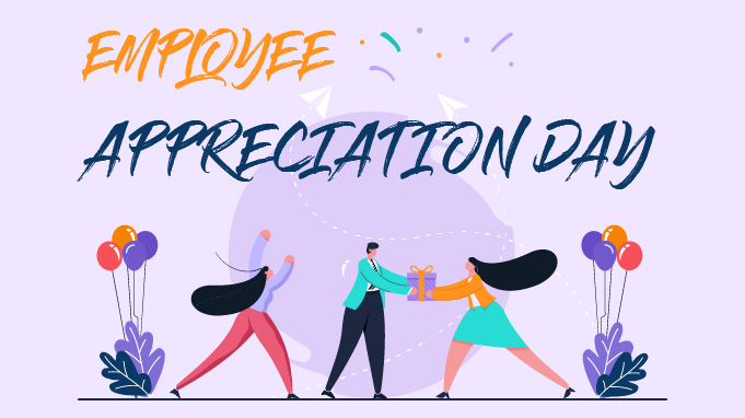 An illustration celebrating Employee Appreciation Day. The scene features three people in a festive environment: two women and one man, all joyfully dancing and high-fiving each other. Surrounding them are colorful balloons and confetti, adding to the celebratory atmosphere. The background is a light purple with abstract shapes, and the text "EMPLOYEE APPRECIATION DAY" is prominently displayed at the top in bold, stylish fonts—orange for "EMPLOYEE" and dark blue for "APPRECIATION DAY." The overall mood is lively and cheerful, highlighting recognition and celebration of employees.