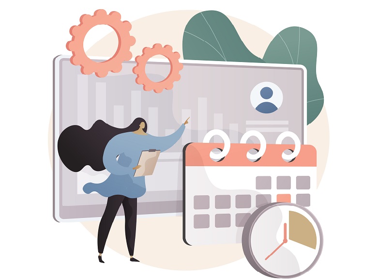 An image of a female employee standing in front of a huge calendar and a clock