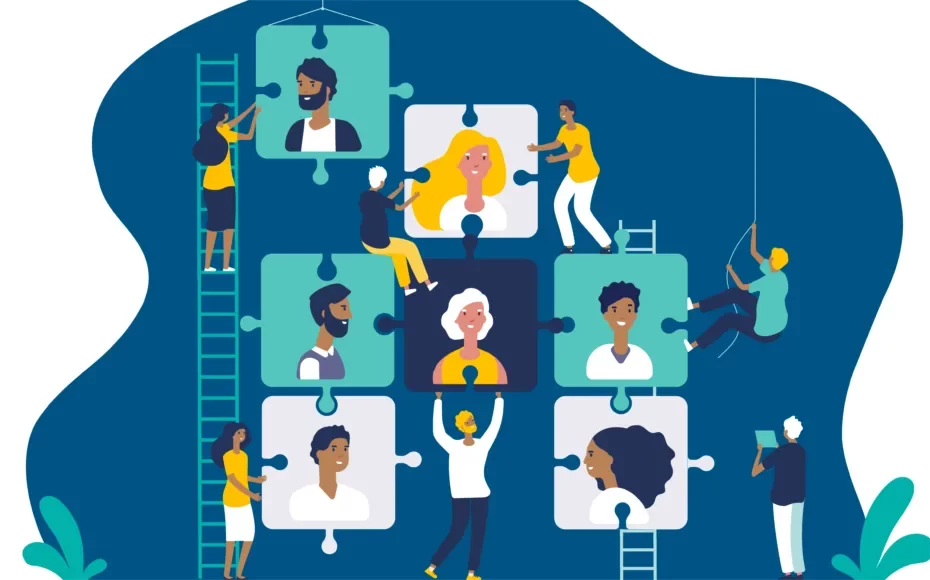 An illustration of diverse individuals working together to assemble a large puzzle, each piece featuring a different person’s portrait. The puzzle pieces are interconnected, symbolizing teamwork and collaboration. Some individuals are using ladders, ropes, and scaffolding to reach and place the puzzle pieces, while others are guiding and supporting from below. The background is dark blue with abstract shapes and green foliage at the bottom corners, adding a vibrant and dynamic feel to the scene. The overall theme emphasizes unity, diversity, and the collective effort required to achieve a common goal.