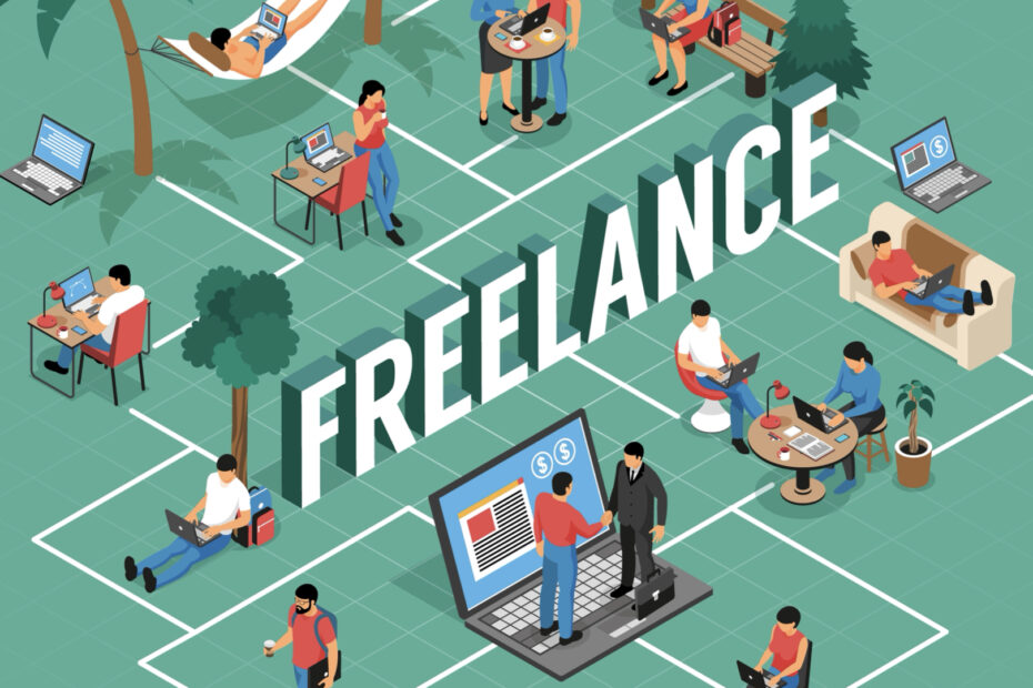 An illustration depicting various freelancers working in different settings, interconnected by a network grid with the word "FREELANCE" prominently displayed in the center. The scene includes individuals working on laptops in diverse environments: sitting on a park bench, lying in a hammock, at a café table, on a couch, and at desks. Each person is engaged in different tasks, such as video conferencing, coding, designing, and writing. The background is green with trees and plants, adding a sense of flexibility and freedom associated with freelancing. The overall image highlights the versatility and independence of freelance work.