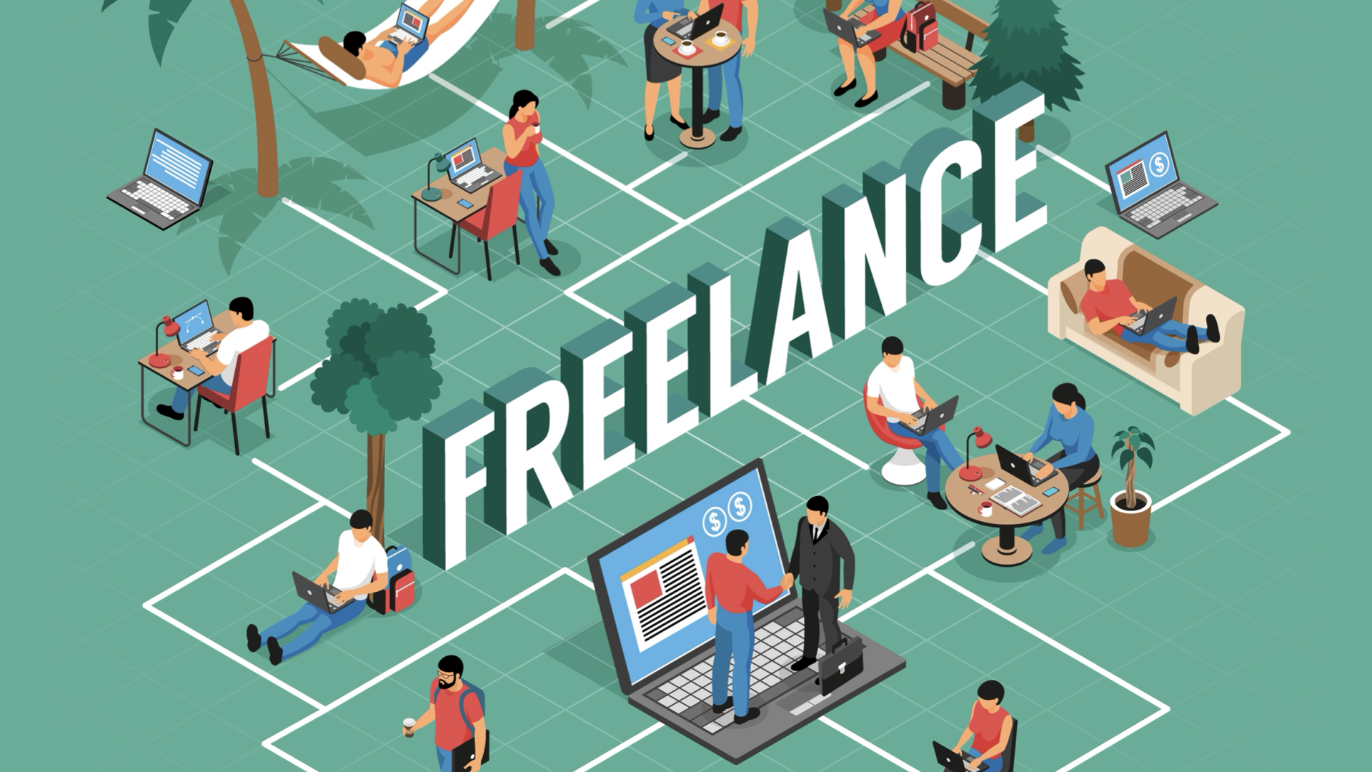 An illustration depicting various freelancers working in different settings, interconnected by a network grid with the word "FREELANCE" prominently displayed in the center. The scene includes individuals working on laptops in diverse environments: sitting on a park bench, lying in a hammock, at a café table, on a couch, and at desks. Each person is engaged in different tasks, such as video conferencing, coding, designing, and writing. The background is green with trees and plants, adding a sense of flexibility and freedom associated with freelancing. The overall image highlights the versatility and independence of freelance work.