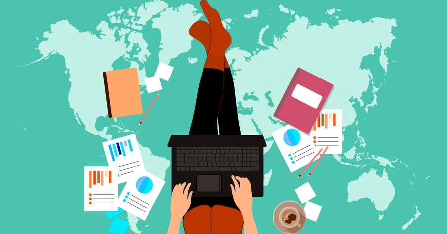 An illustration of a person lying on their back with legs propped up, working on a laptop. The background features a world map, symbolizing global connectivity. Around the person are scattered documents, graphs, notebooks, a coffee cup, and a smartphone, indicating a busy work environment. The person appears relaxed yet productive, blending elements of casual comfort with professional work. The overall theme emphasizes remote work and the ability to work from anywhere in the world, balancing efficiency with a relaxed approach.