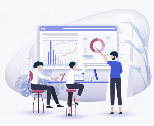 An illustration of a modern office setting where three people are engaged in a presentation and discussion. Two individuals are seated at a desk, working on laptops and taking notes, while a third person stands in front of a large screen displaying various charts and graphs, pointing at a pie chart with a stick. The background features abstract shapes and light pastel colors, adding a clean and professional atmosphere to the scene. The image emphasizes teamwork, data analysis, and effective communication in a collaborative work environment.