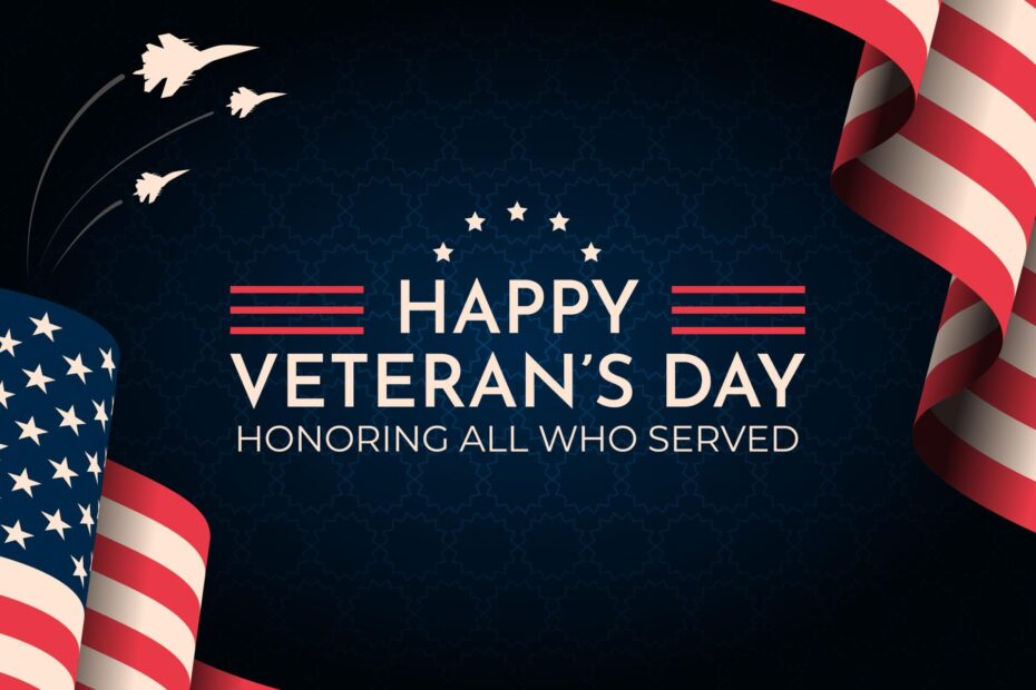 An image of USA flag in the corners with a blus backgroung and the word Happy Veterand Day at the middle