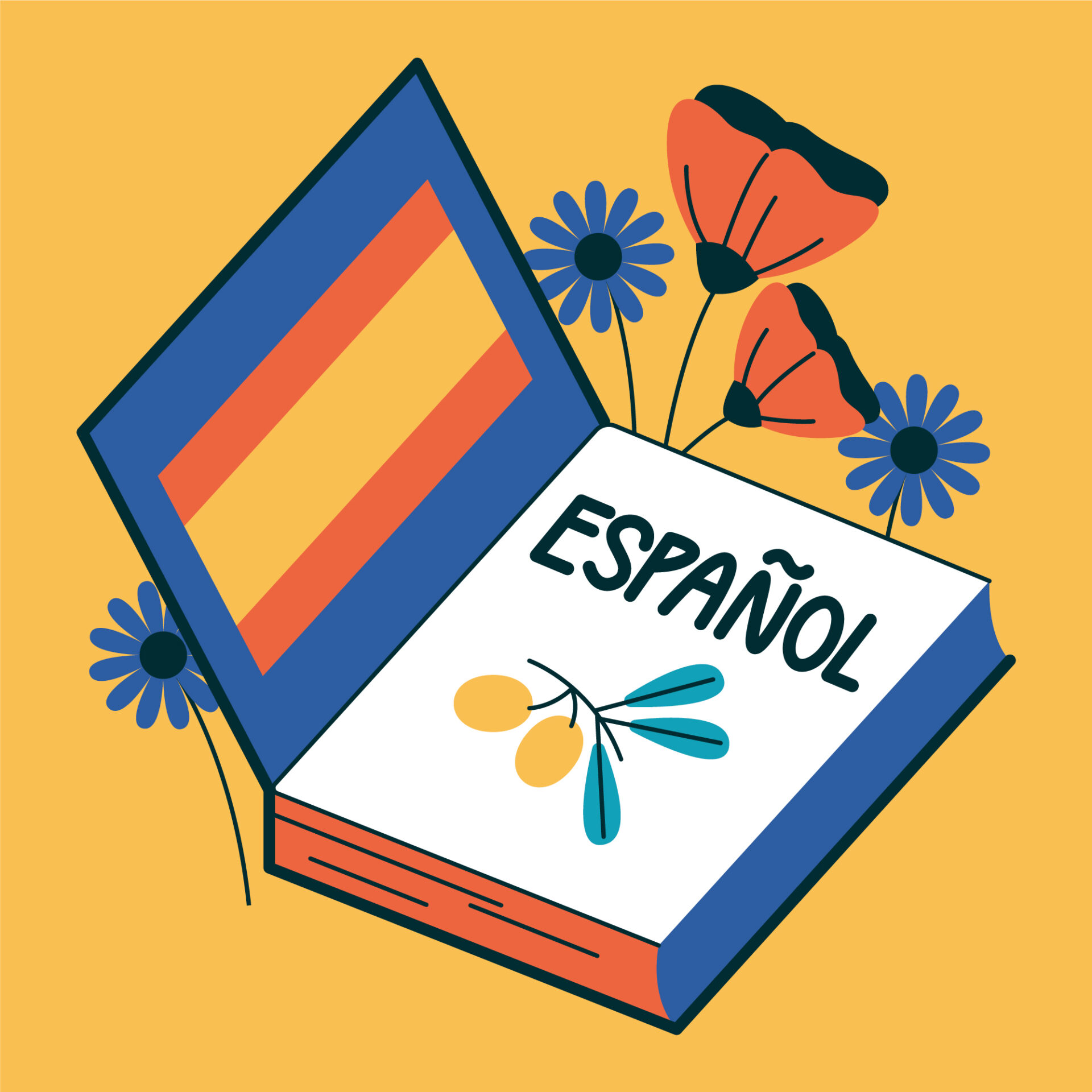 An image of an opened book written in the first page "Espanol" with a yellow background and some flowers around the book