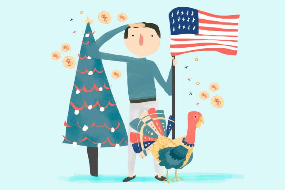 An illustration of a person standing next to a decorated Christmas tree, holding an American flag, and saluting. A colorful turkey stands beside them. The background is light blue with festive confetti.
