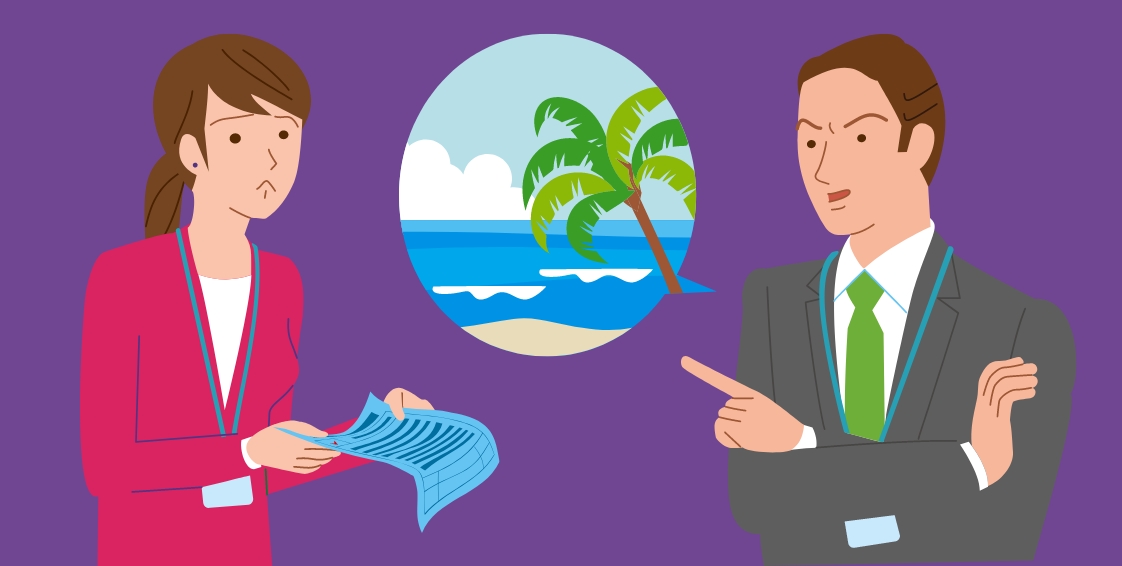 An illustration of two office workers having a discussion. The woman on the left, wearing a red blazer, looks concerned and is holding a piece of paper. The man on the right, wearing a gray suit and green tie, is pointing and appears to be explaining something. In the background, there is a circular window showing a tropical beach scene with palm trees and the ocean. The background color is purple.