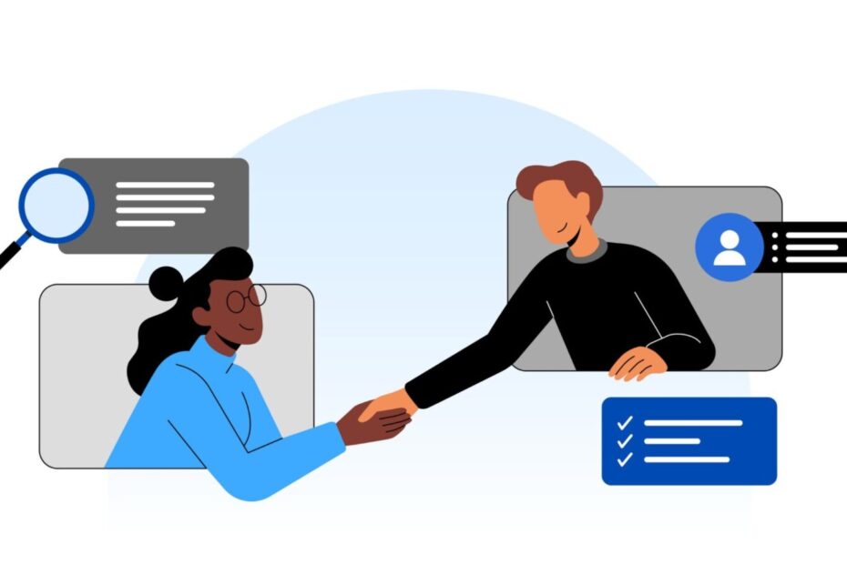 An illustration of two people shaking hands. The person on the left, with dark skin and black hair, is wearing a blue shirt. The person on the right, with lighter skin and brown hair, is wearing a black shirt. They are depicted inside rectangular frames, suggesting a virtual or online meeting. Surrounding them are icons and symbols, including a magnifying glass, a user profile icon, and a checklist, indicating themes of research, networking, and task completion. The background is light blue and white.