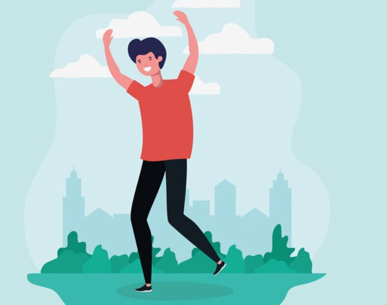 An image of an employee as if he is dancing in a garden.
