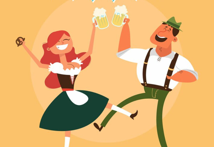 A cheerful illustration depicts a festive scene with two individuals dressed in traditional Bavarian attire. The woman on the left, with red hair, wears a dirndl and holds a pretzel in one hand while joyfully raising a beer mug with the other. The man on the right, wearing lederhosen, a white shirt, and a green hat, also raises two beer mugs in celebration. Both are smiling and appear to be dancing, with a warm yellow background adding to the lively and joyous atmosphere.