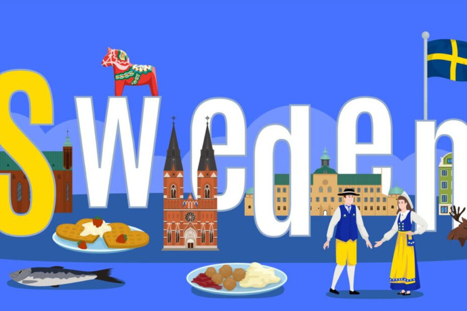 An image with a blue background with the word Sweden and some of its famous traditions